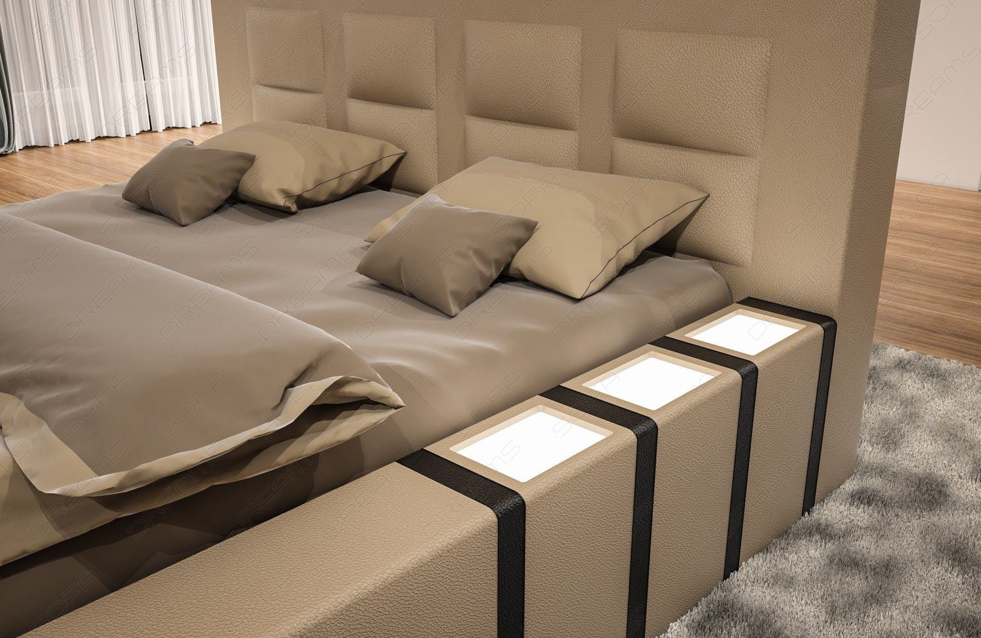 Sofa Dreams LED Komplettbett Boxspringbett Topper, mit Bett Beleuchtung, sandbeige-schwarz mit LED Beleuchtung Kunstleder Premium Matratze, mit mit Asti