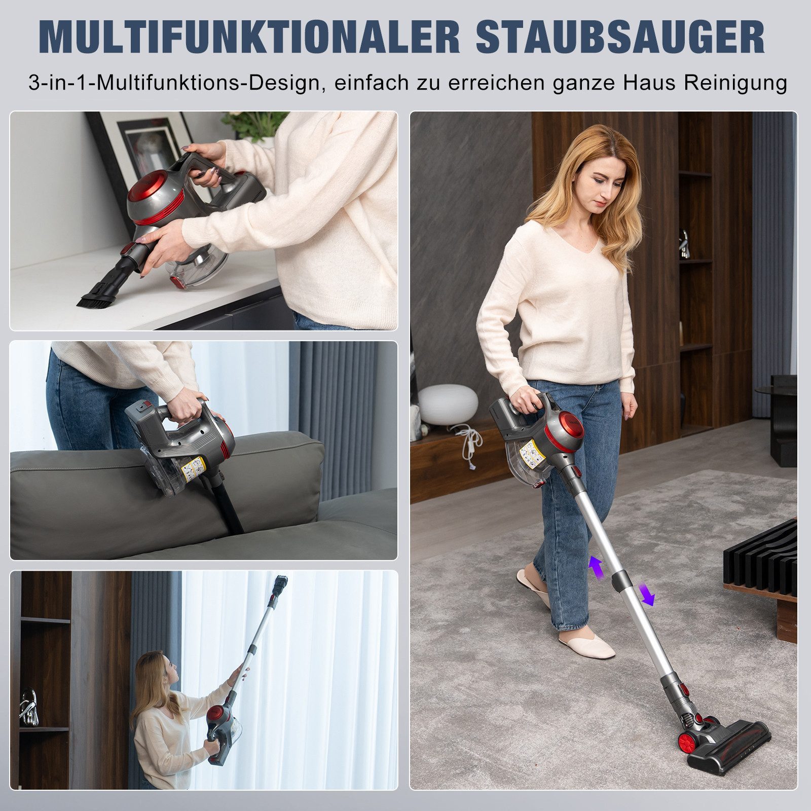VacniQ Akku-Handstaubsauger VacniQ Akku-Hand-und Stielstaubsauger Staubsauger Kabellos, 35 Kpa Staubsauger 1.2L große Staubbehälter, 350W, Max. 40 Min