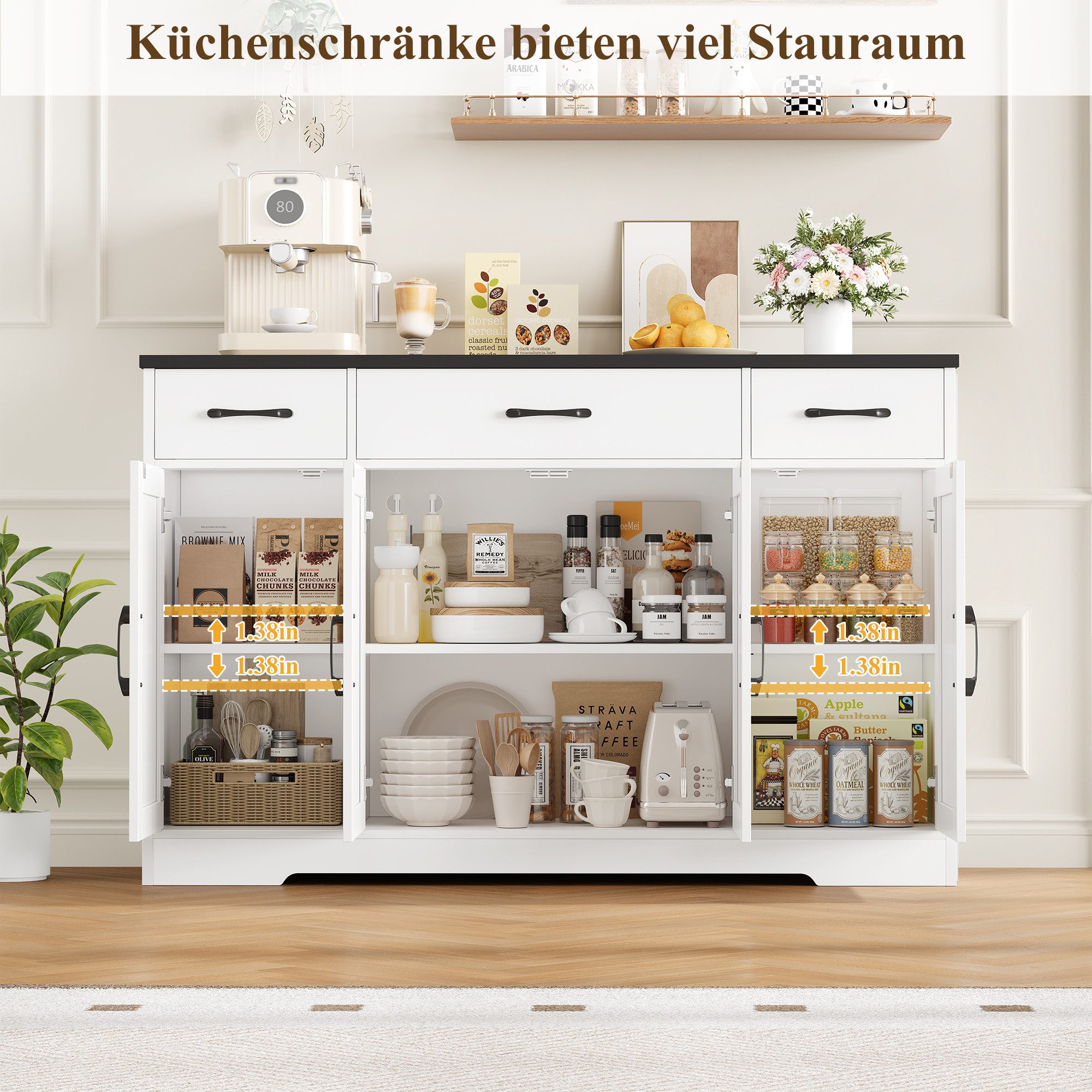 HOMECHO Sideboard, 140cm Breite Küchenschrank 3 Schubladen 4 Türen, Verstellbaren Regalen