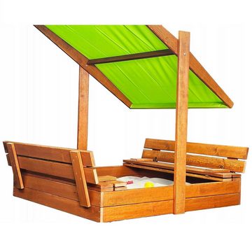 QLS Sandkasten 120cm mit Dach & Bank, aus Holz Imprägniert Abdeckung Unkrautvlies Sandbox 122 x 118 cm