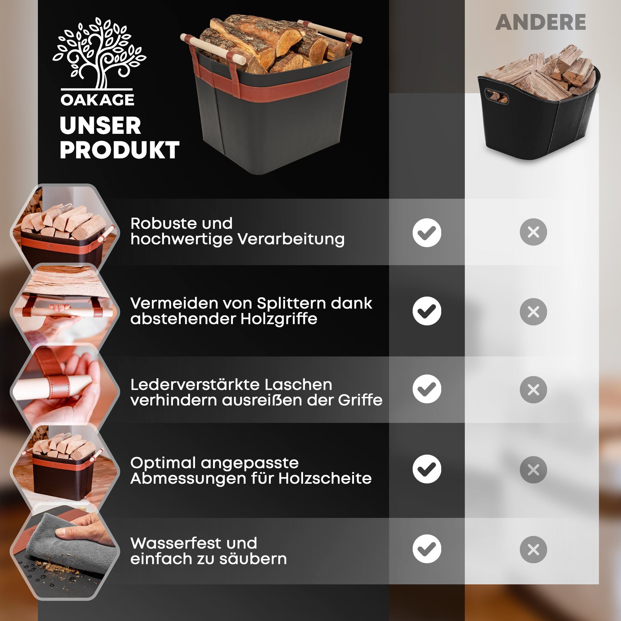 OAKAGE Kaminholzkorb Holzkorb für Kaminholz Groß aus veganem Leder Feuerhol günstig online kaufen