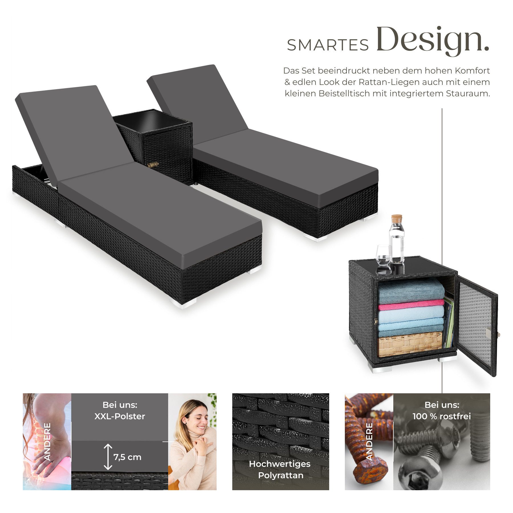 tectake Gartenliege Sonnenliegen - Nautica 5-fach verstellbar mit Beistelltisch, Komplettset, 1 St., 7 tlg., Schutzhülle schützt vor Witterungseinflüssen