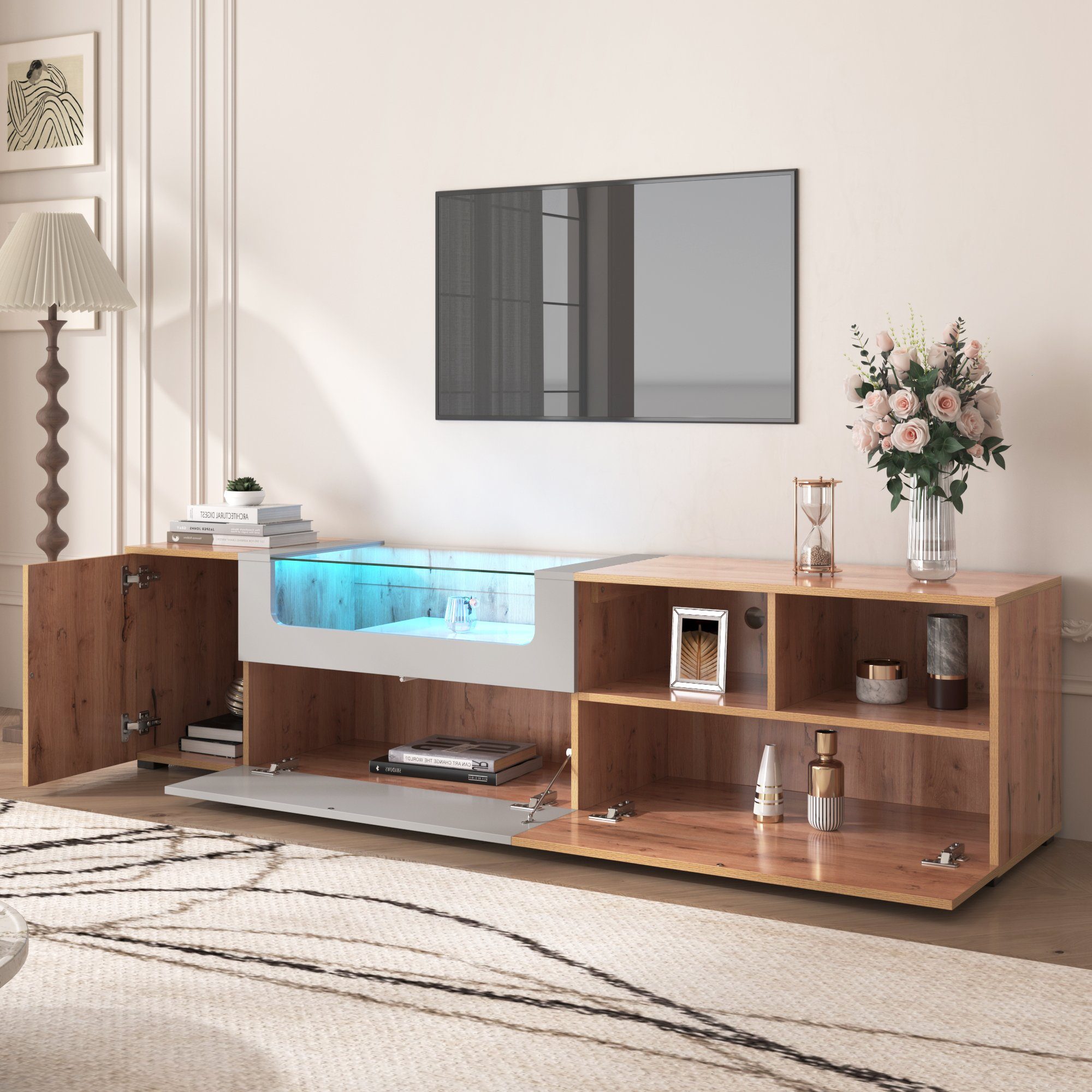 OKWISH TV-Schrank TV-Ständer,LED TV Lowboard, Landhausstil) Glasplatte Grau farbwechselnden LED-Leuchten Mit (Natürlicher und