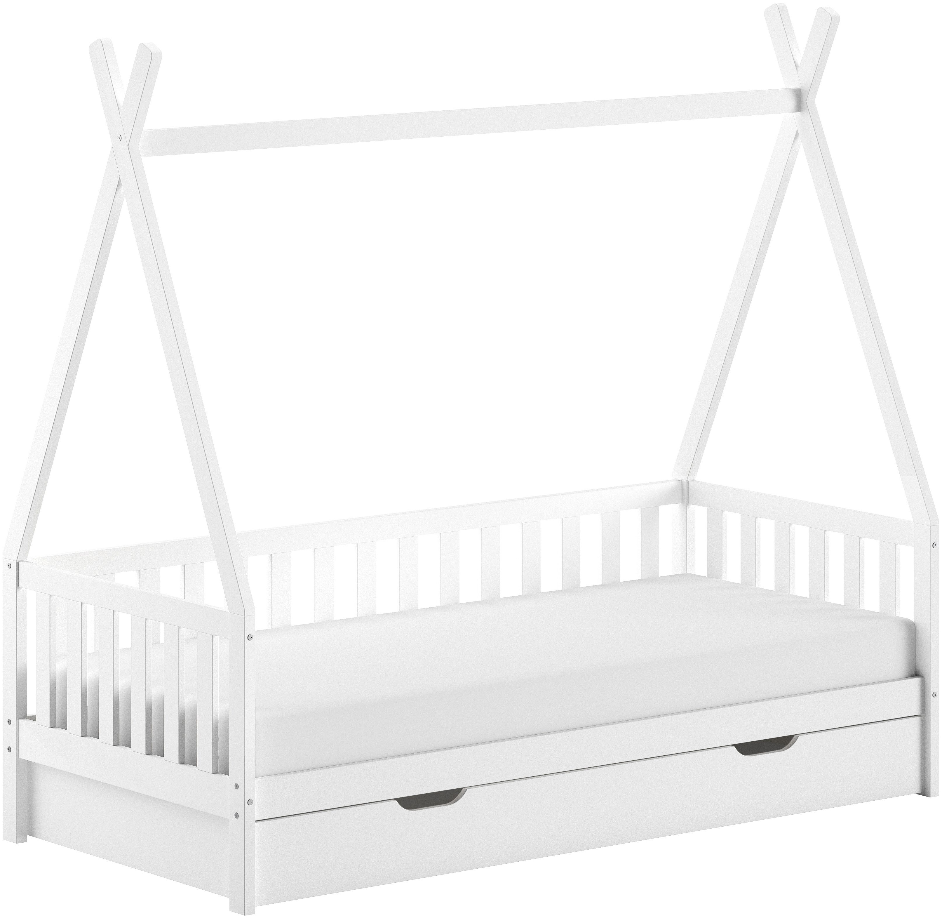 Vipack Massivholzbett mit Tipi Dach, seitlich und hinten mit Sprossenumrandung (Liegefläche 90/200 cm mit Rollattenrost und Bettschublade auf Rollen), Korpus aus massiver Kiefer, weiß lackiert