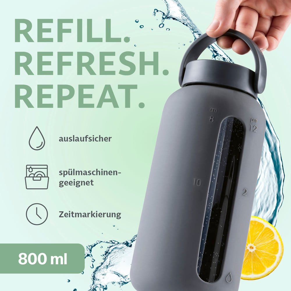 GOURMETmaxx Trinkflasche Glas-Trinkflasche mit integrierter, umklappbarer Saugdeckel – 800 ml, Glas-Trinkflasche – Silikon-Trinkhalm, minimalistisches Design
