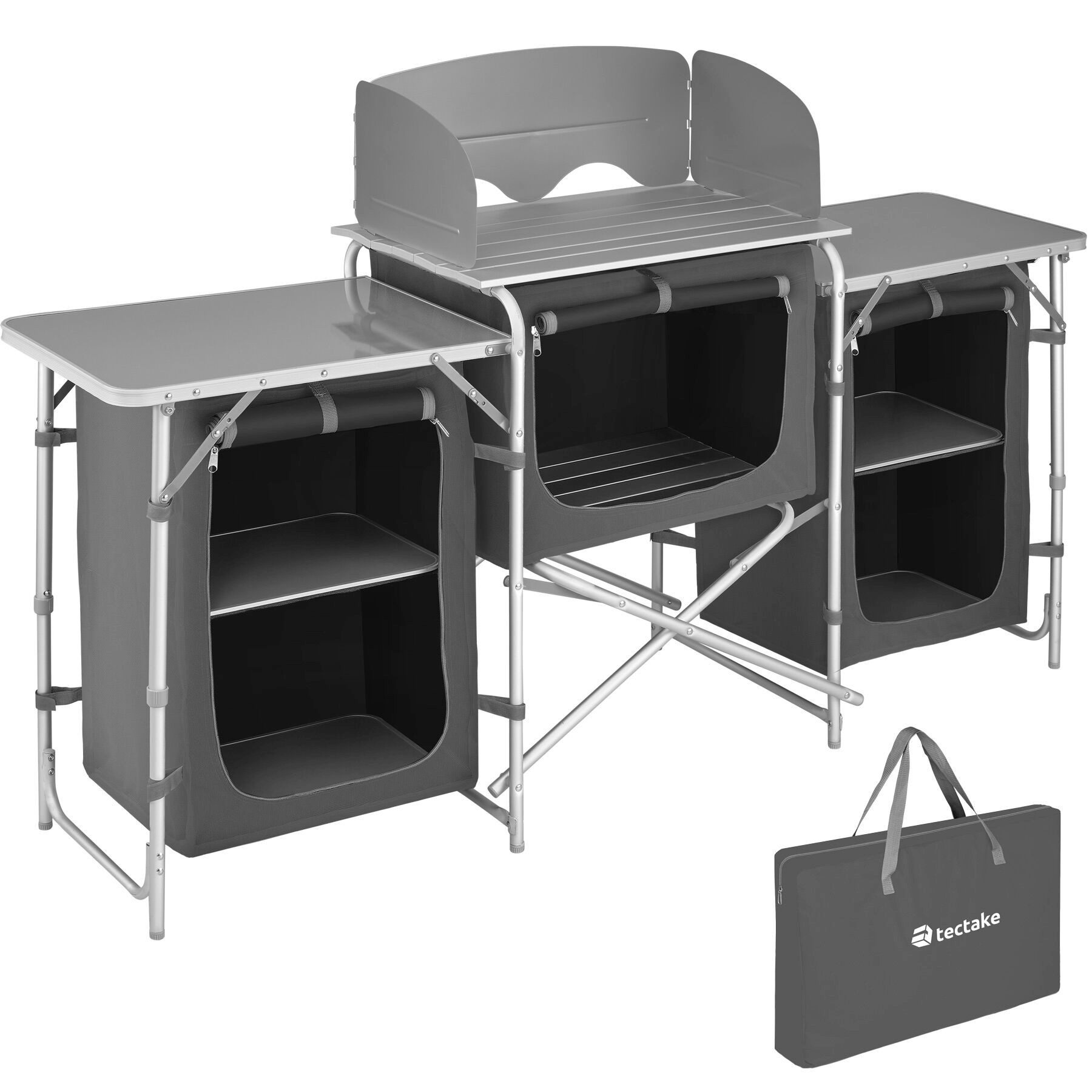 tectake Campingtisch Campingküche XXL mit Aluminiumgestell und 5 Fächern (Outdoor küchenausstattung, 1-St., in Grad), Hitzebeständige Arbeitsplatte mit Windschutz
