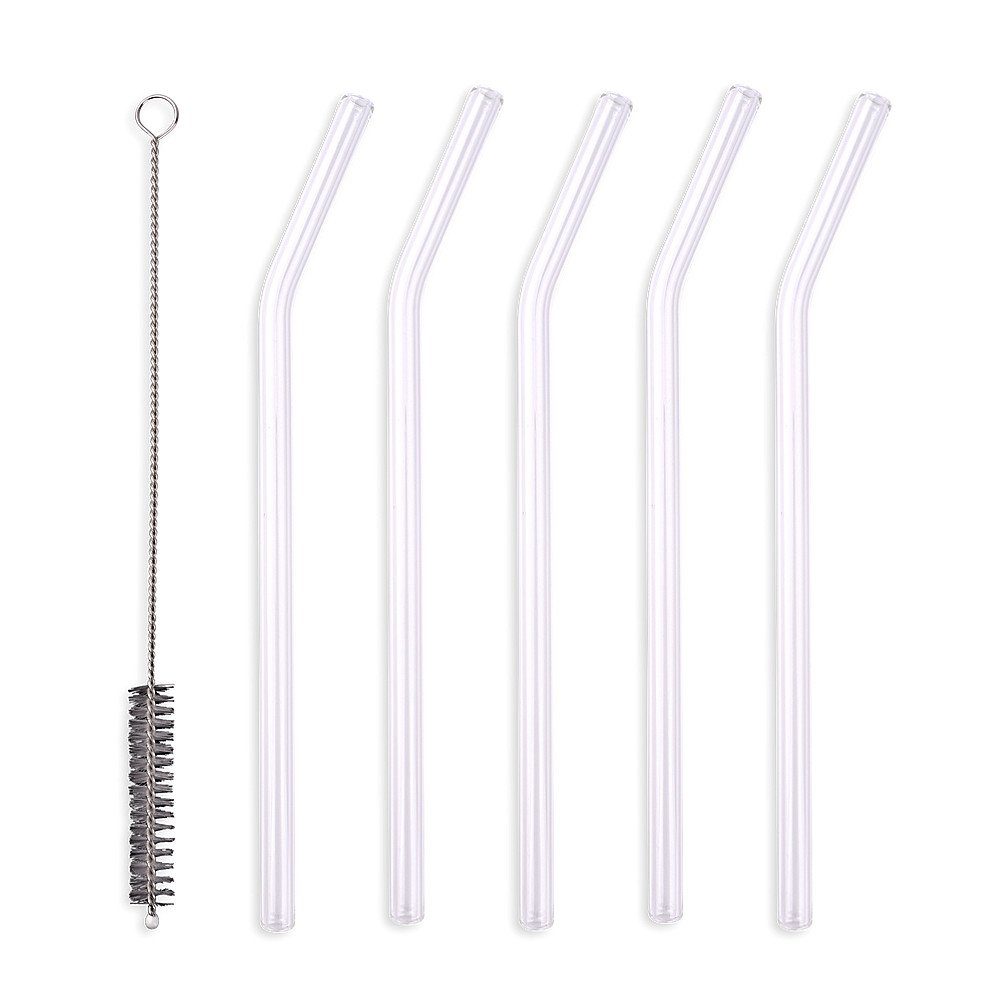Schramm Trinkhalme Schramm® 5 Stück Glas Соломинки gebogen transparent mit Reinigungsbürste wiederverwendbar Trinkhalme Glasstrohhalm