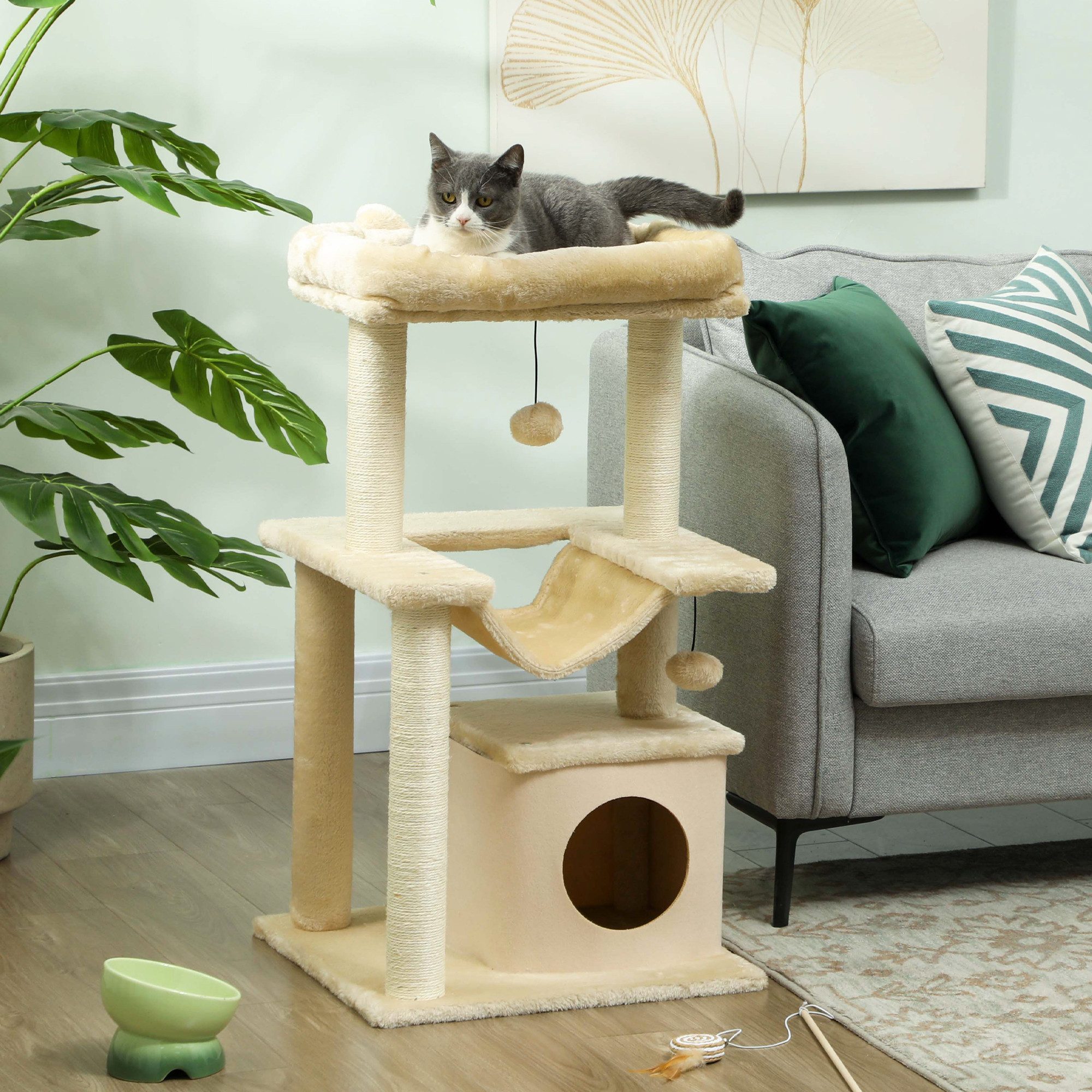 PawHut Kratzbaum Katzenturm mit Hängematte, Kletterbaum, für Katzen unter 4 kg