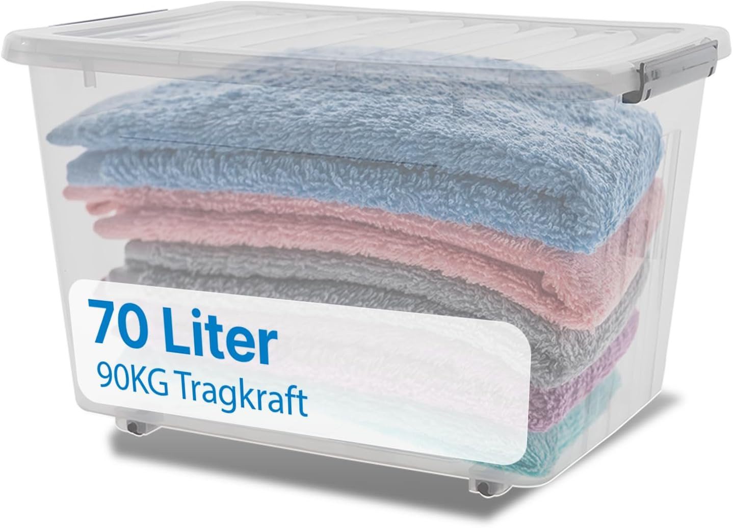 2mGoods Aufbewahrungsbox große Plastikboxen mit Deckel (6er Set 6L/4er Set 16L,40L,60L,70L, inkl. Rollen, stapelbar, BPA-frei), transparente Kunststoffboxen für Keller, Wohnung, Werkstatt & Umzug