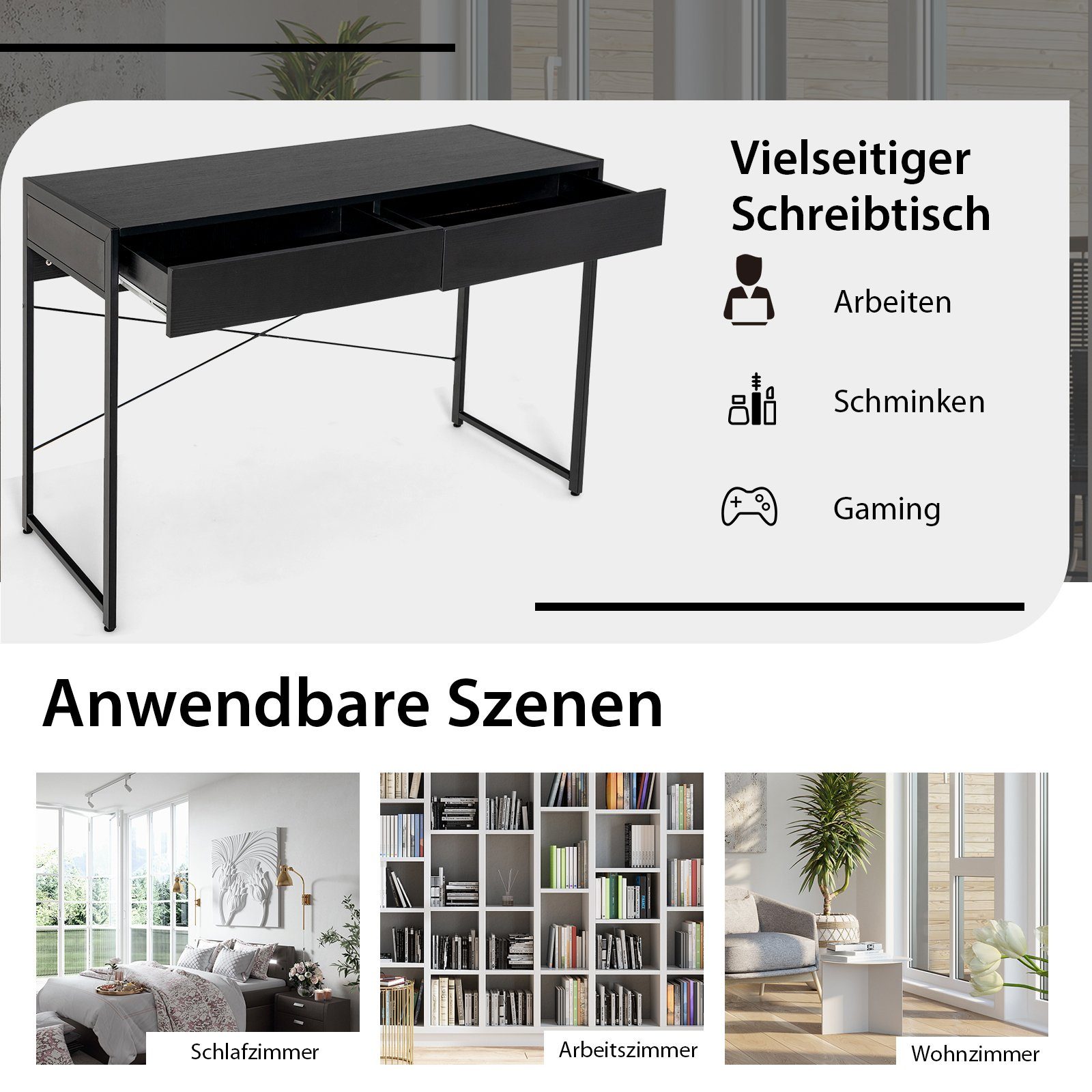 belasbar, 2 x 48 mit 100kg x Schubladen, 76 Schreibtisch, schwarz 112 cm COSTWAY