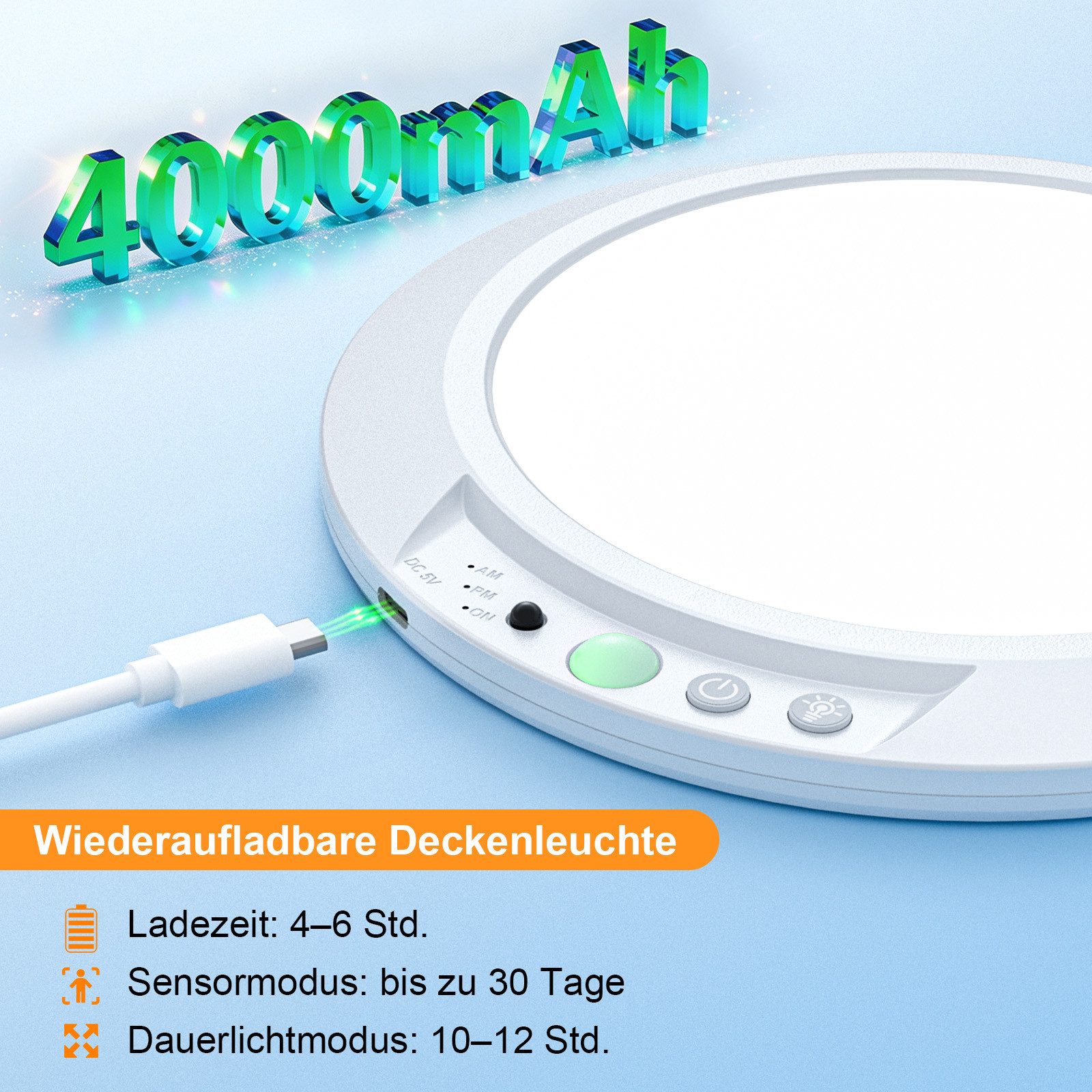 skelo LED Deckenleuchte 19CM Akku Lampe mit Bewegungsmelder 4000mAh, 3CCT Dimmbar & Timer, Wiederaufladbare Deckenleuchte, LED fest integriert, Kaltes Licht, Natürliches Licht, Warmes Licht, 3 Sensor Modus & Magnetische Deckenlampe ohne Bohren für Keller Flur