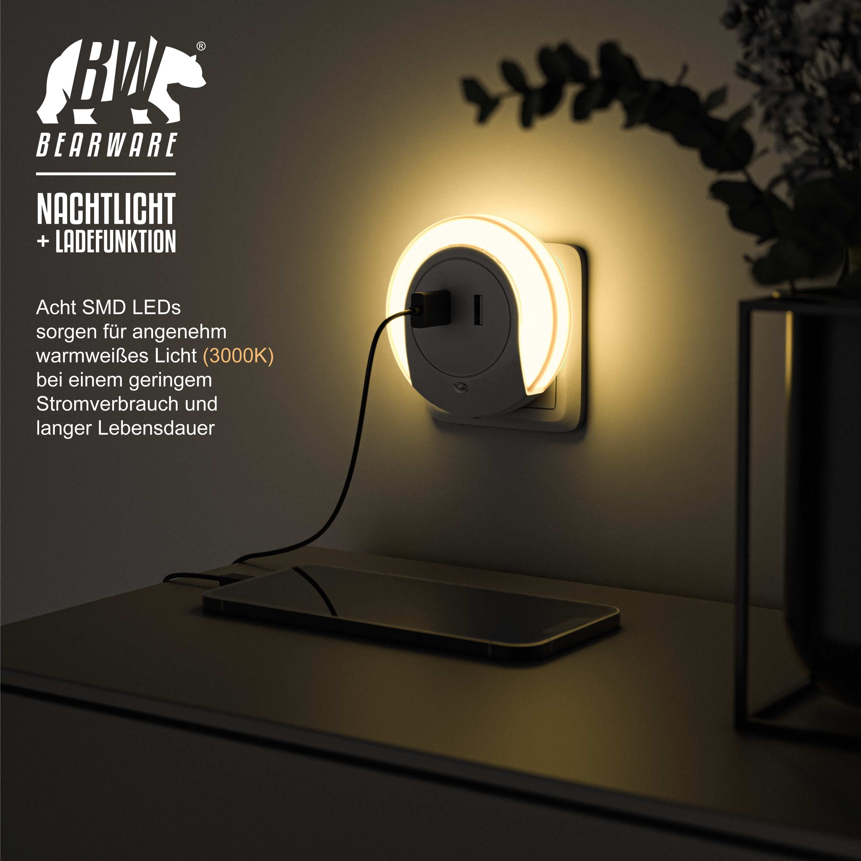 BEARWARE LED Nachtlicht, LED fest Nachtlampe mit Dämmerungssensor Warmweiß, Ladefunktion, integriert, USB & Helligkeits