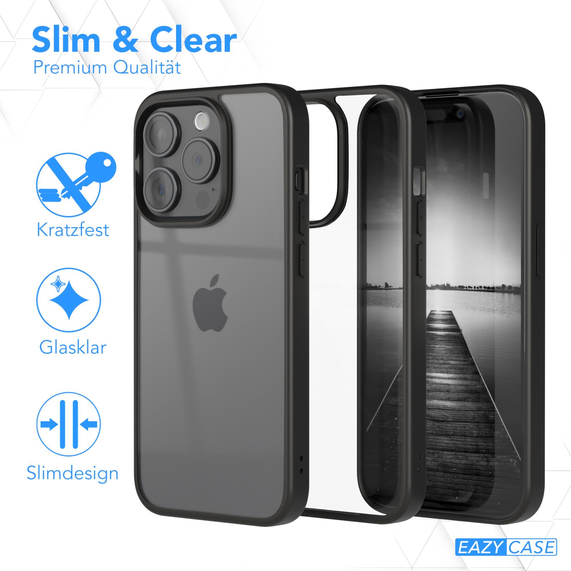EAZY CASE Handyhülle Bumper Case für Apple iPhone 15 Pro 6,1 Zoll, Hülle Durchsichtig kratzfest Back Cover mit Displayschutz Schwarz – Bild 5 von 5