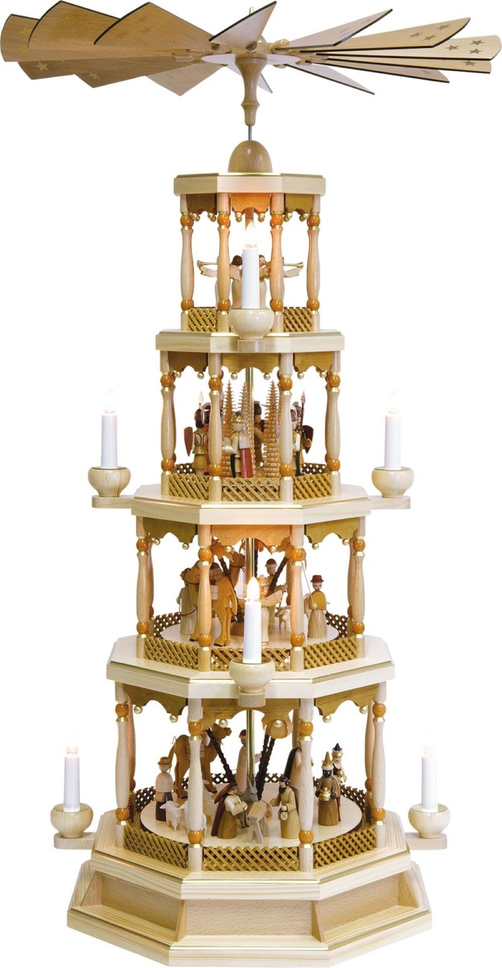 Richard Glaesser Weihnachtspyramide Heilige Familie, 4-stöckig, elektrisch mit Spielwerk, Handwerkskunst aus dem Erzgebirge