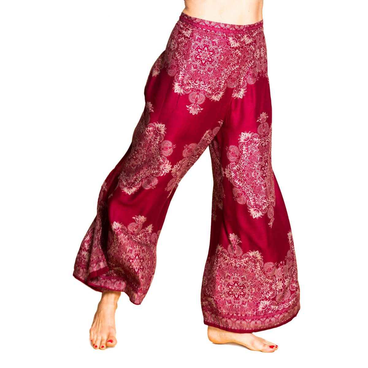 PANASIAM Stoffhose langer aus Sunshine Viskose Hose natürlicher Hosenrock Pants rot Boho Pareo Design V2-bordeux im Wickelhose Haremshose Palazzohose Peacock