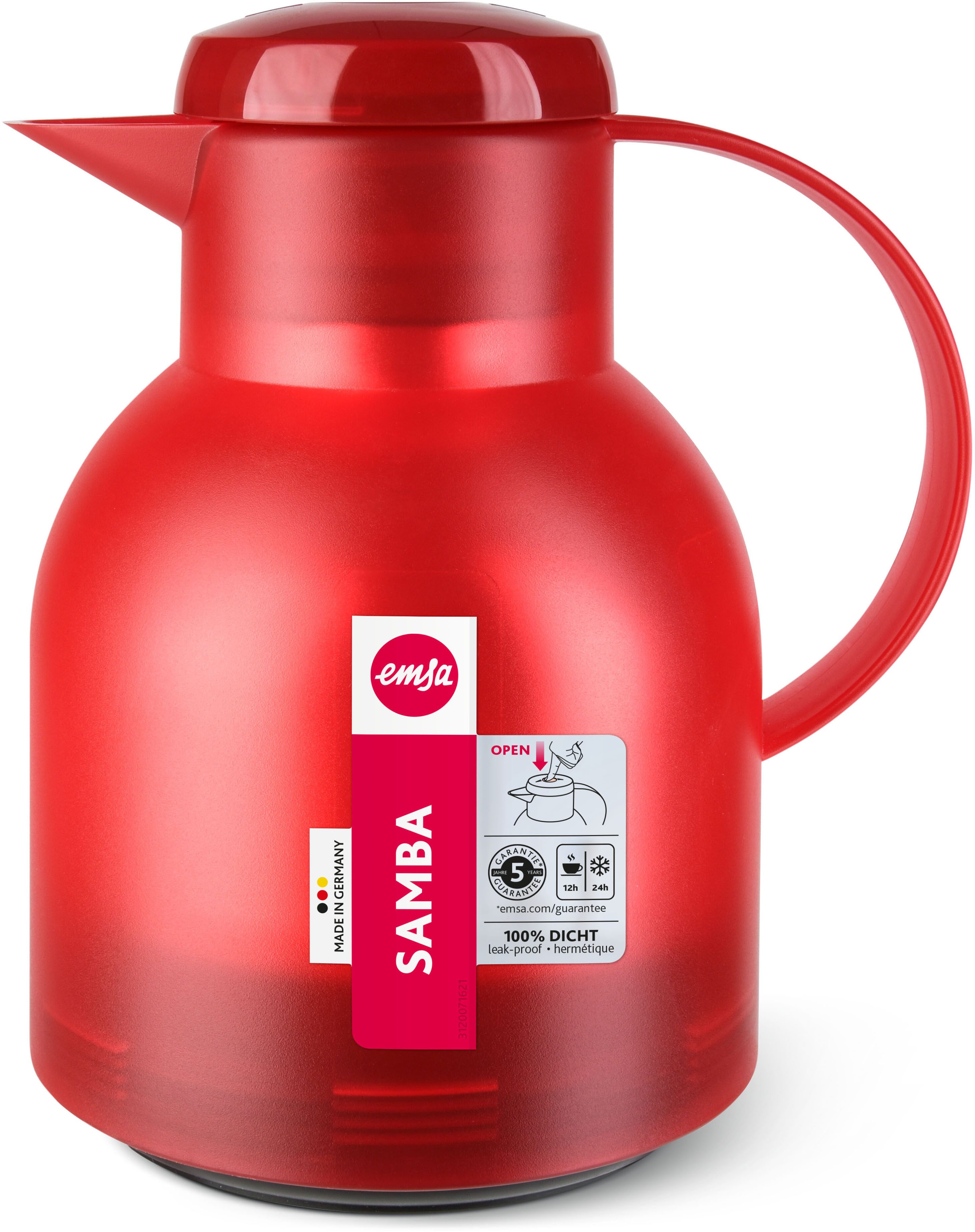 Emsa Isolierkanne Samba, 1 l, zeitloses Design, einfacher Knopfdruck, 24h kalt, 12h warm