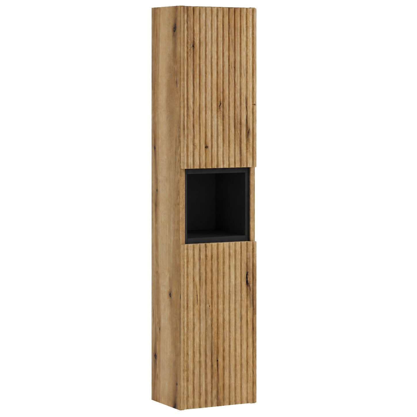 Lomadox Hochschrank NEWPORT-56-EVOKE Badschrank Eiche Rillen 30 cm Fach in Schwarz grifflos Softclose Türen