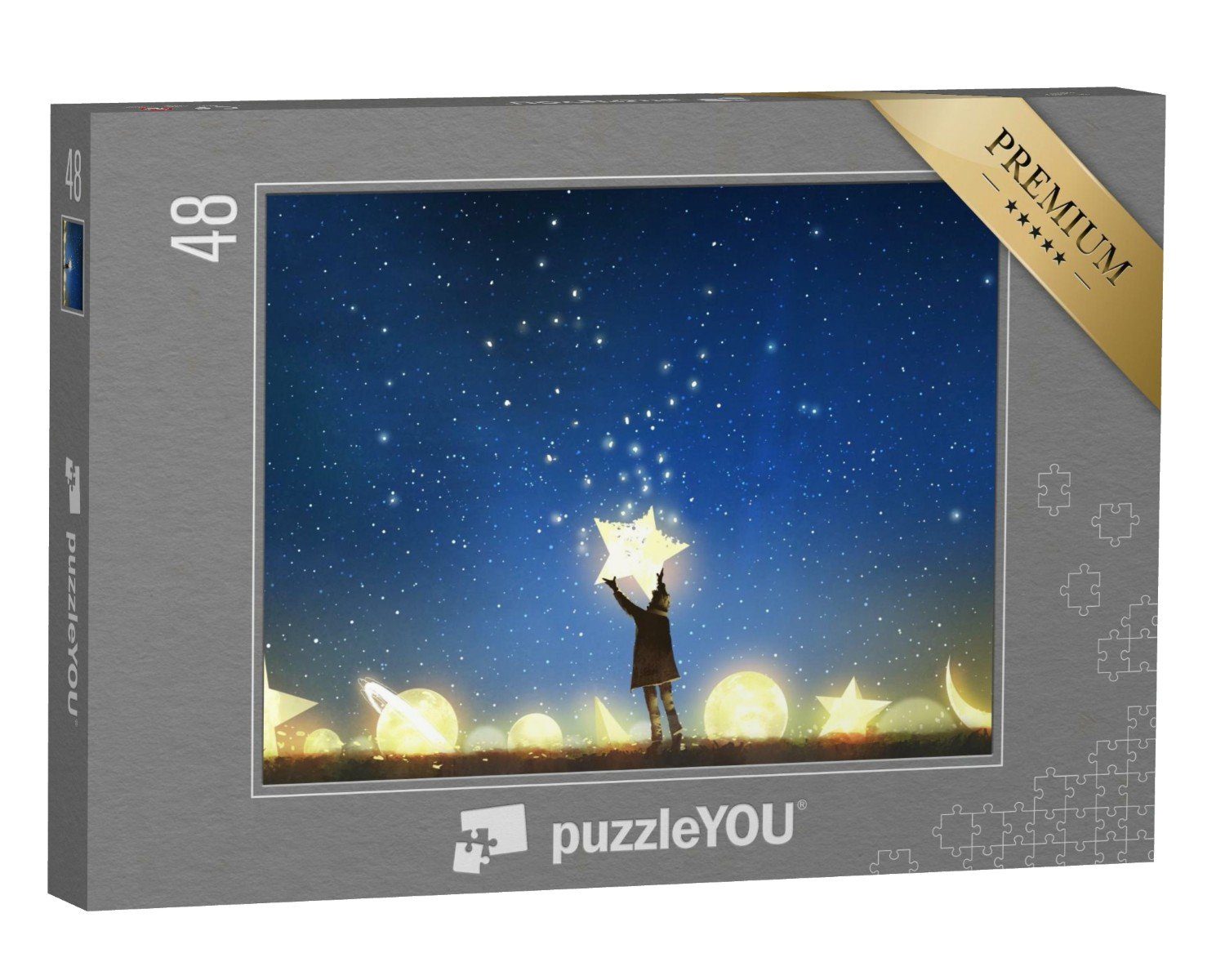 puzzleYOU Puzzle Junge beim Aufhängen Astronomie puzzleYOU-Kollektionen am Nachthimmel, Puzzleteile, 48 Sternen Fantasy, von