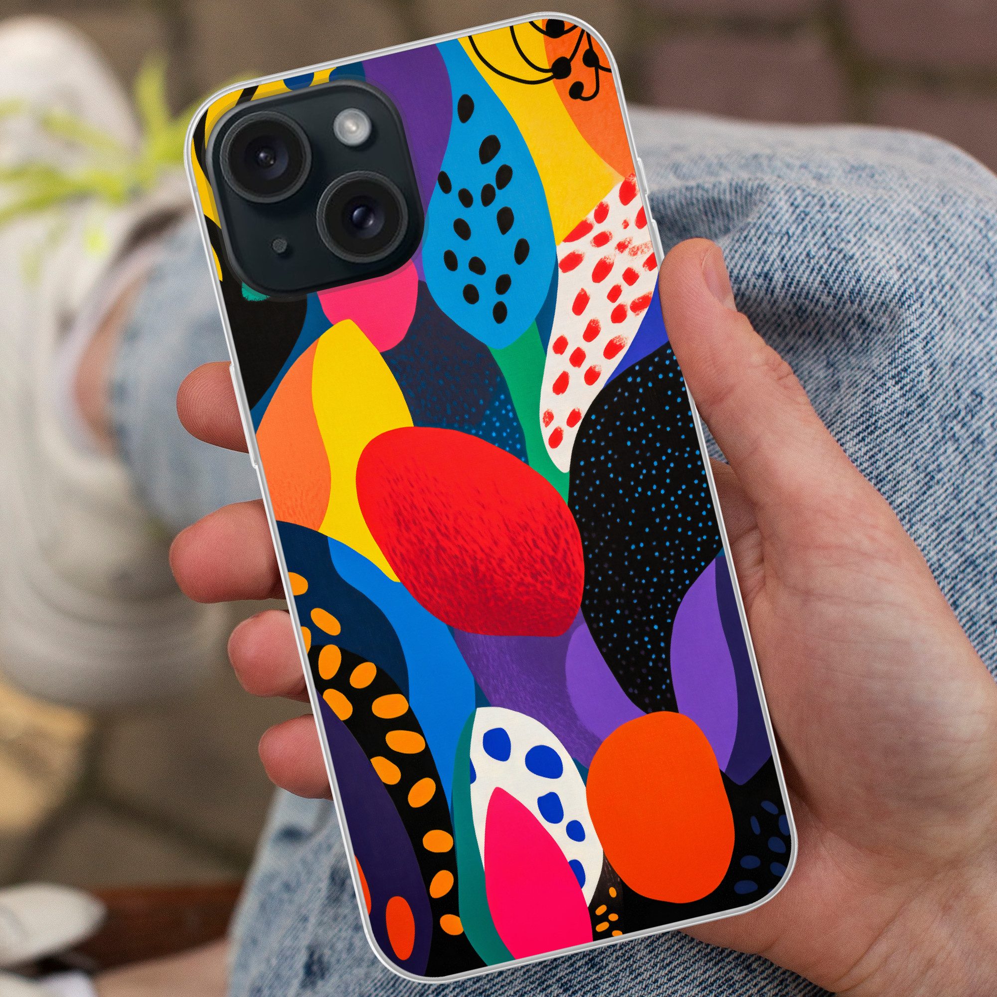 MuchoWow Handyhülle für Apple iPhone 15 Blumen - Blätter - Abstrakt - Rot, Smartphone-Bumper, Print, Handy Schutzhülle Dünn