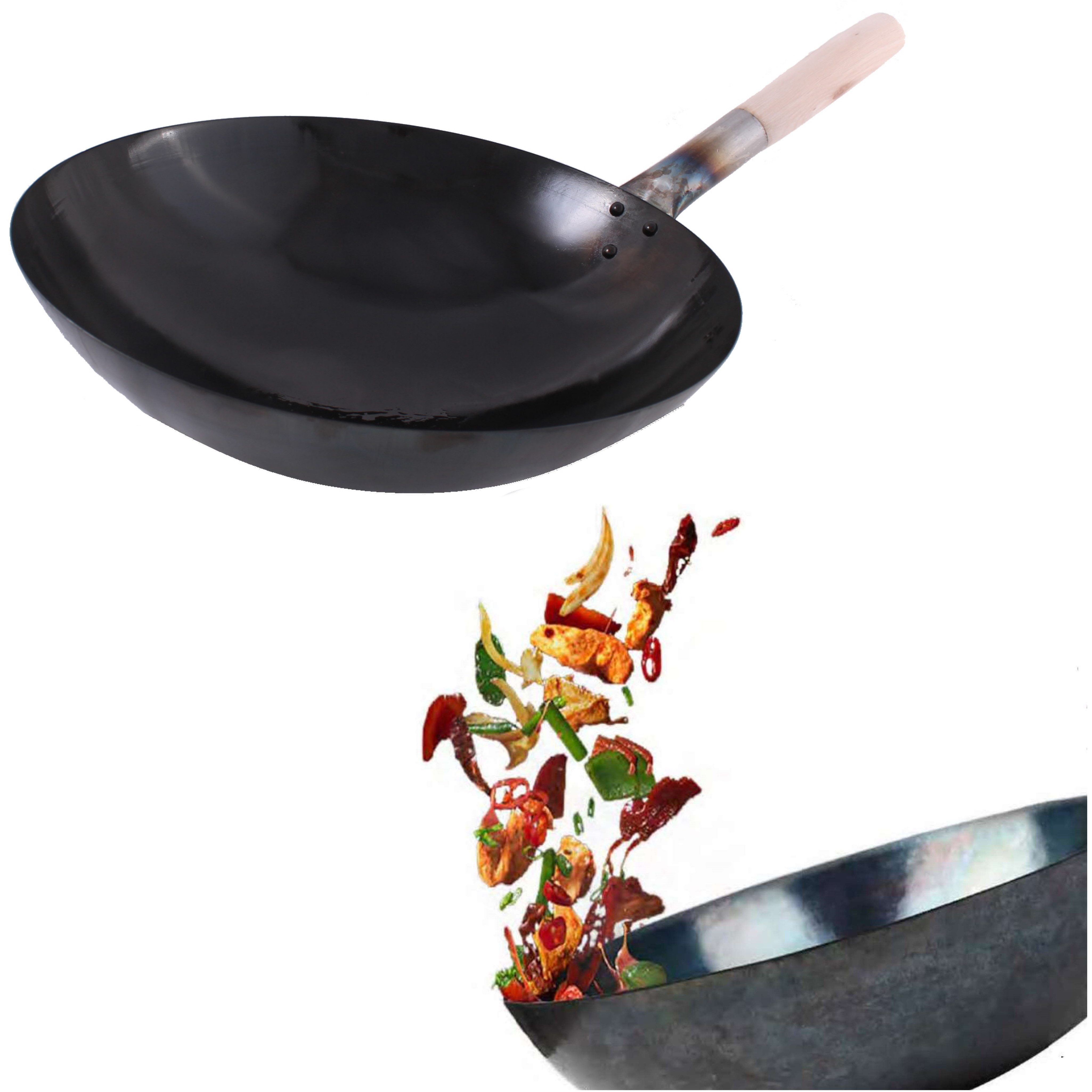 AAF Nommel Wok Wok Eingebrannt rund Boden Carbon Stahl Holzgriff Gas Herd Grill, Karbon-Stahl, Natürliche Antihaftbeschichtung, da Voreingebrannt