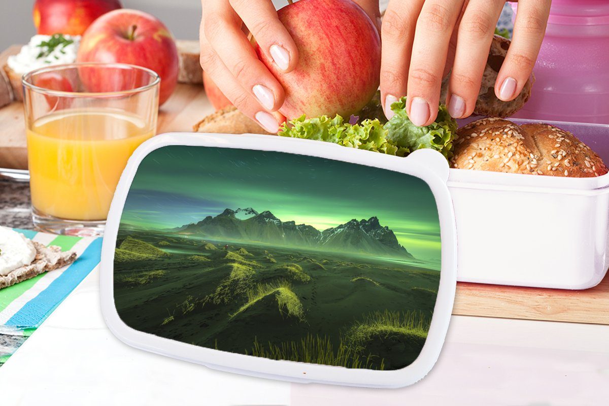 MuchoWow Lunchbox Nordlichter - - und Kinder Grün Kunststoff, und für Brotbox - für Brotdose, (2-tlg), Mädchen Erwachsene, Island, weiß Berg Jungs