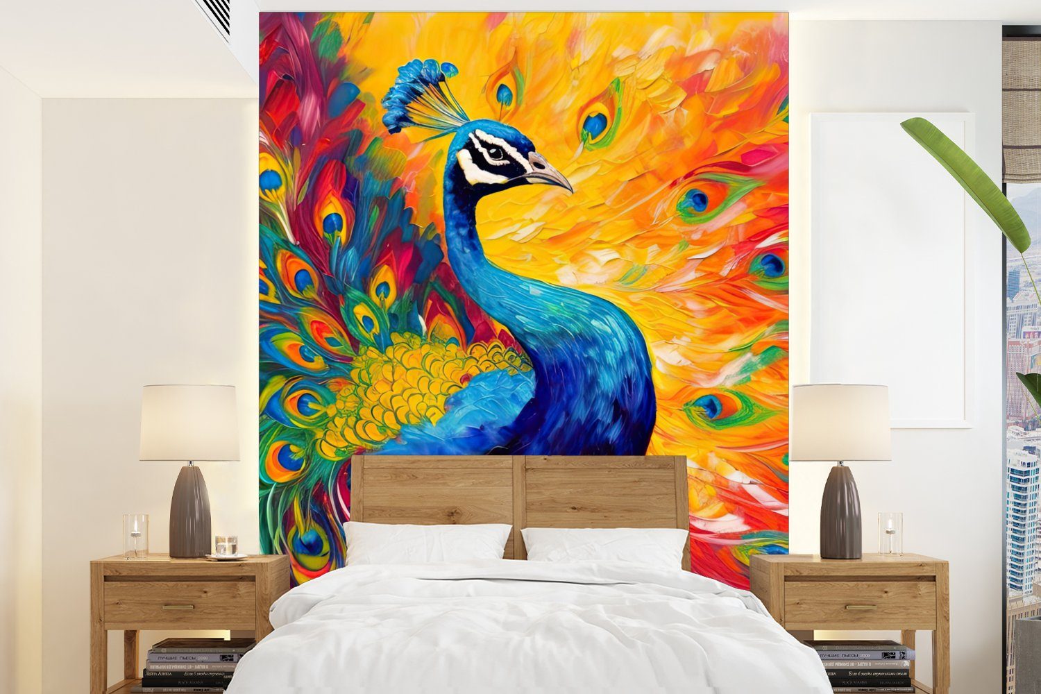 MuchoWow Fototapete Pfau - Kunst - Malerei - Pfauenfedern, Matt, bedruckt, (4 St), Montagefertig Vinyl Tapete für Wohnzimmer, Wandtapete