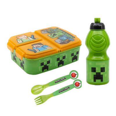 Minecraft Lunchbox Minecraft Creeper 4 tlg Set - Brotdose Trinkflasche Gabel Löffel, (4-tlg)