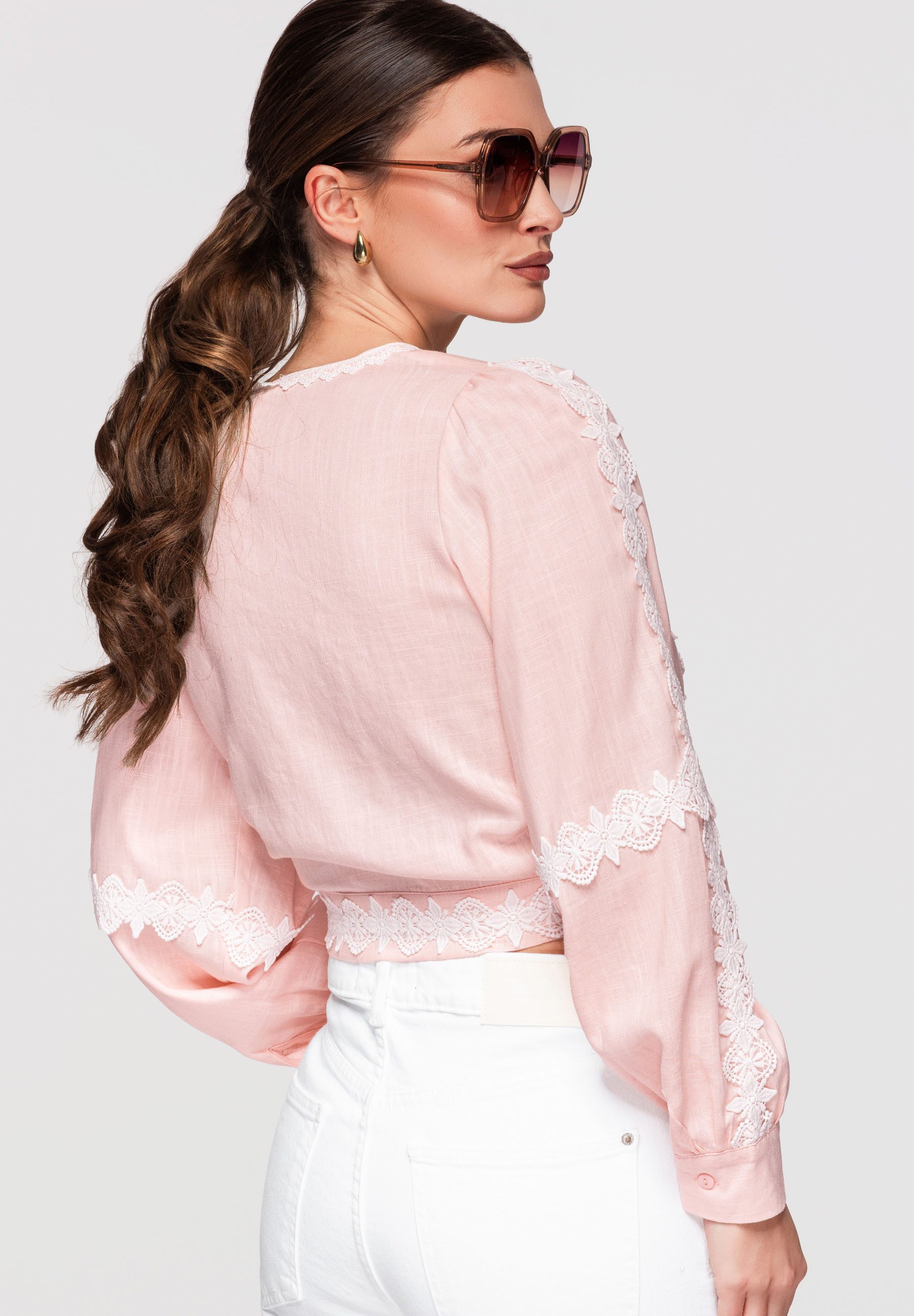 OMBRE Hemdbluse Damen Bluse Wickeldesign Kurz Elegant Rose L (kein Set, 1-tlg) Wickeldesign, tailliert