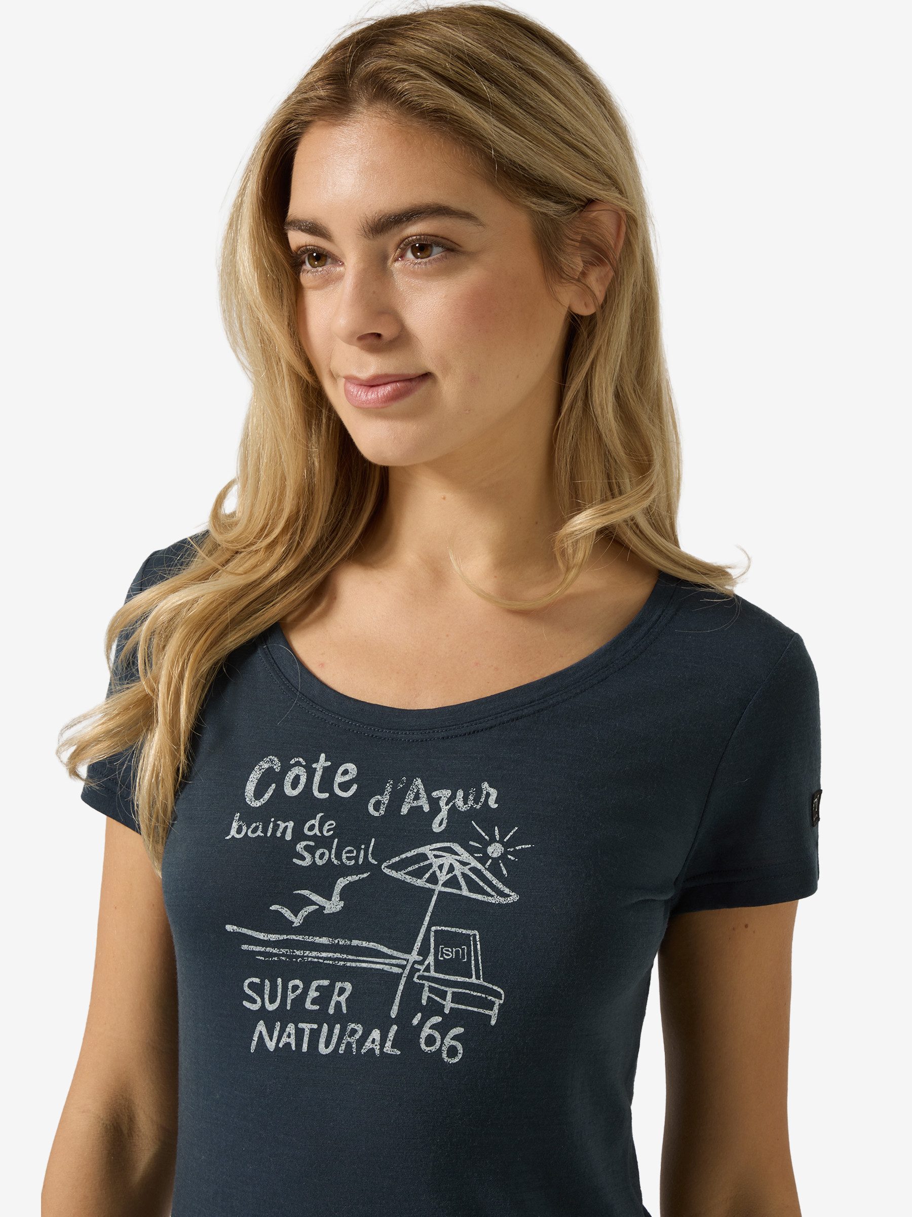 SUPER.NATURAL T-Shirt für Damen,Merino W COTE D'AZUR TEE mit Sommer-Motiv, atmungsaktiv