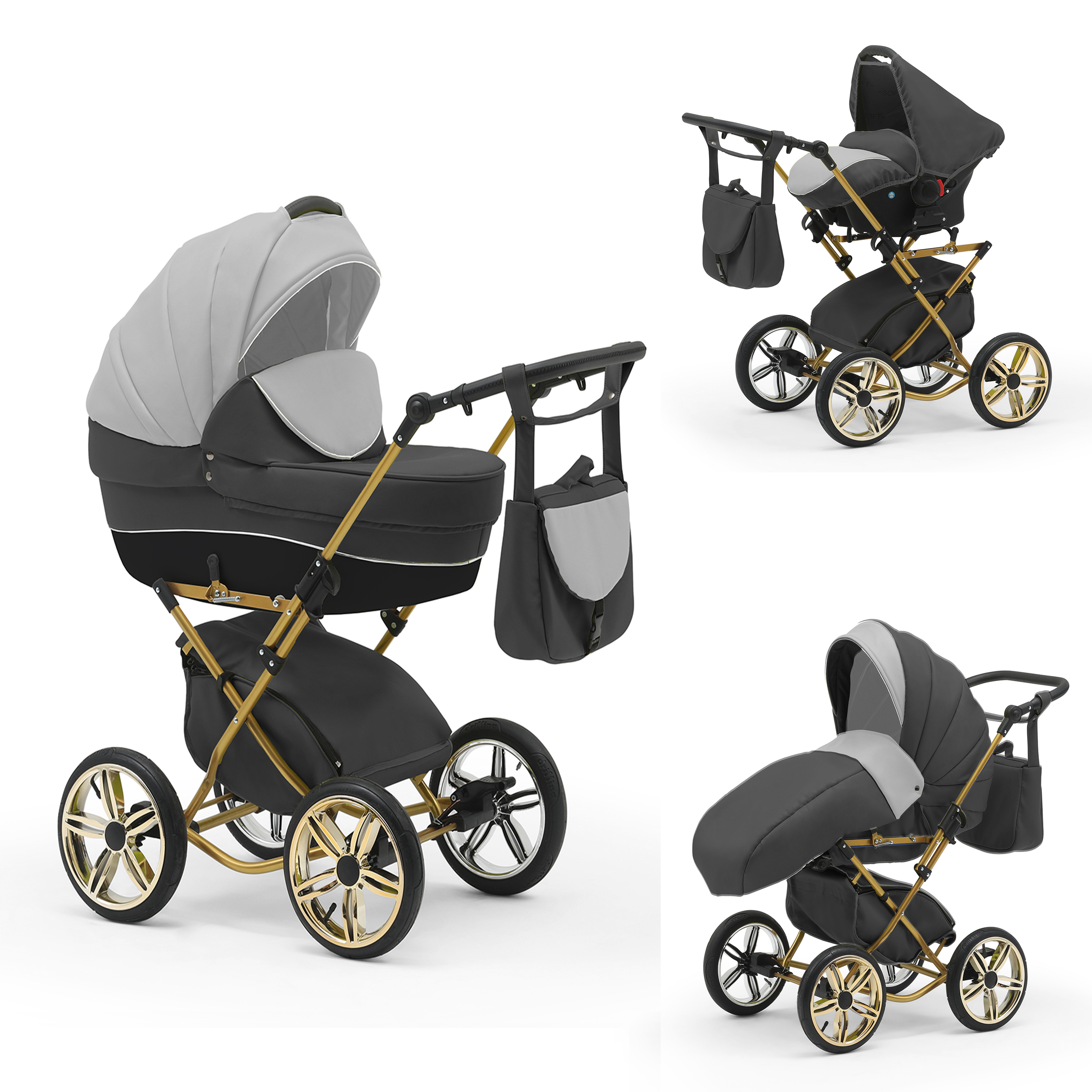 Kombi-Kinderwagen Sorento Gold 4 in 1 mit Sportsitz, Autositz und Zubehör in 30 Farben