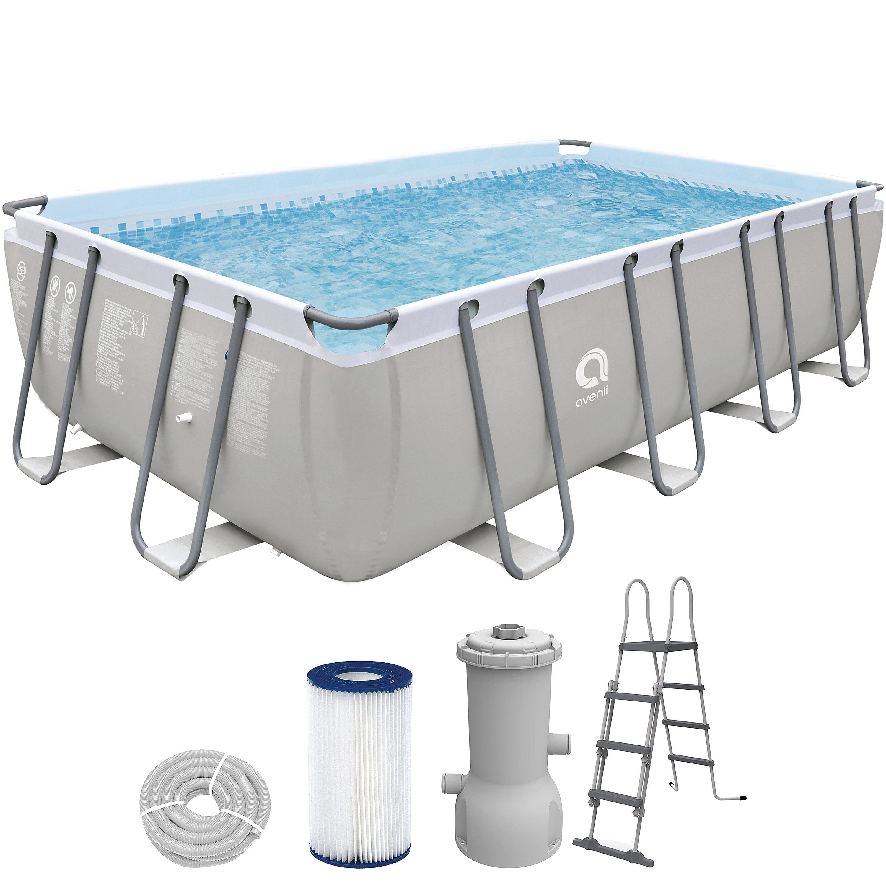 Avenli Framepool Komplettset Rechteckig 549x305x122cm (Stahlrahmenpool Komplettset, Mit Zubehör), Inklusive Filterpumpe, Schläuchen, Filterkartusche und Leiter