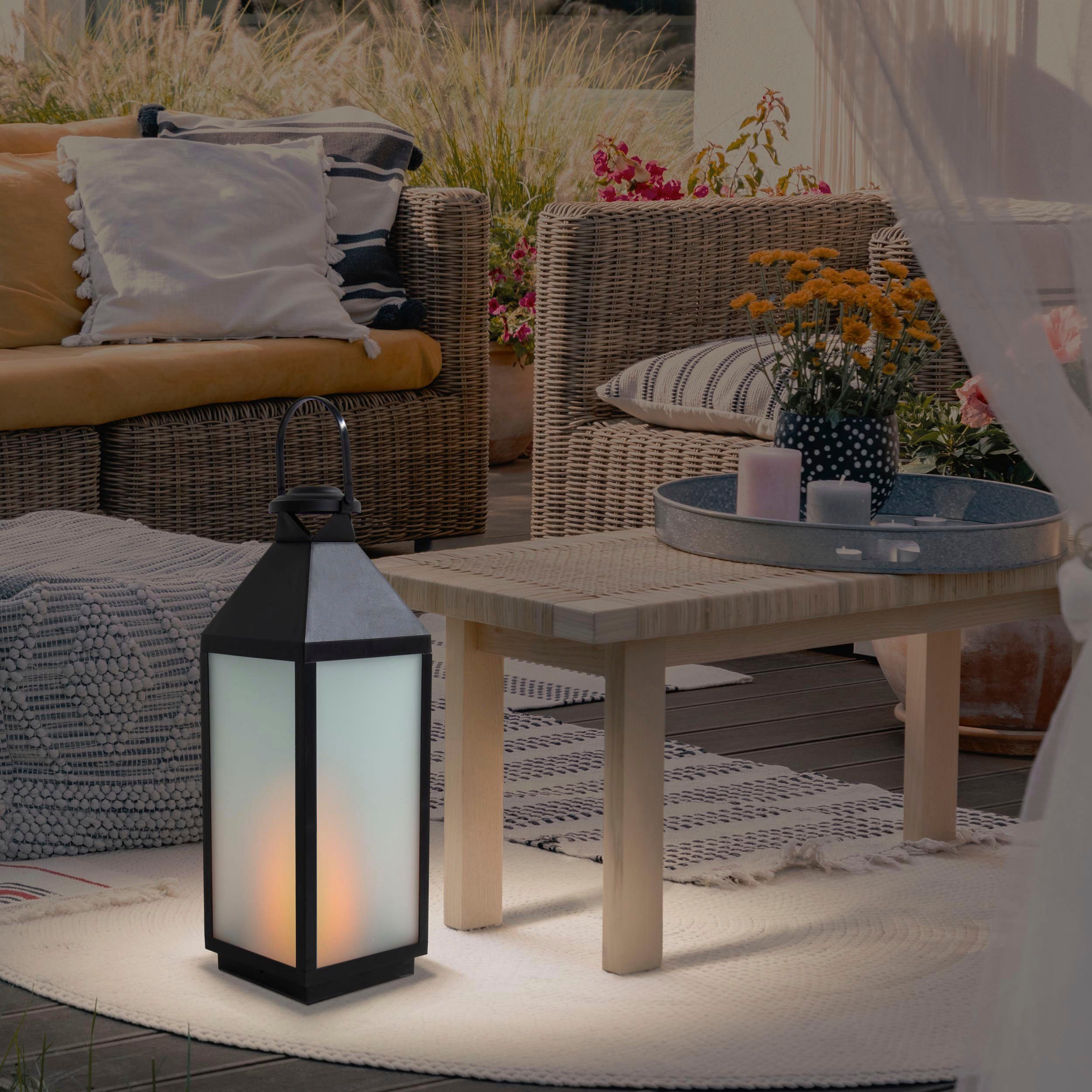 näve LED Dekolicht Doris, Ein-/Ausschalter, Timerfunktion, LED fest integriert, Warmweiß, Laterne, eckig, Flammeneffekt, Timerfunktion, schwarz, Glas matt