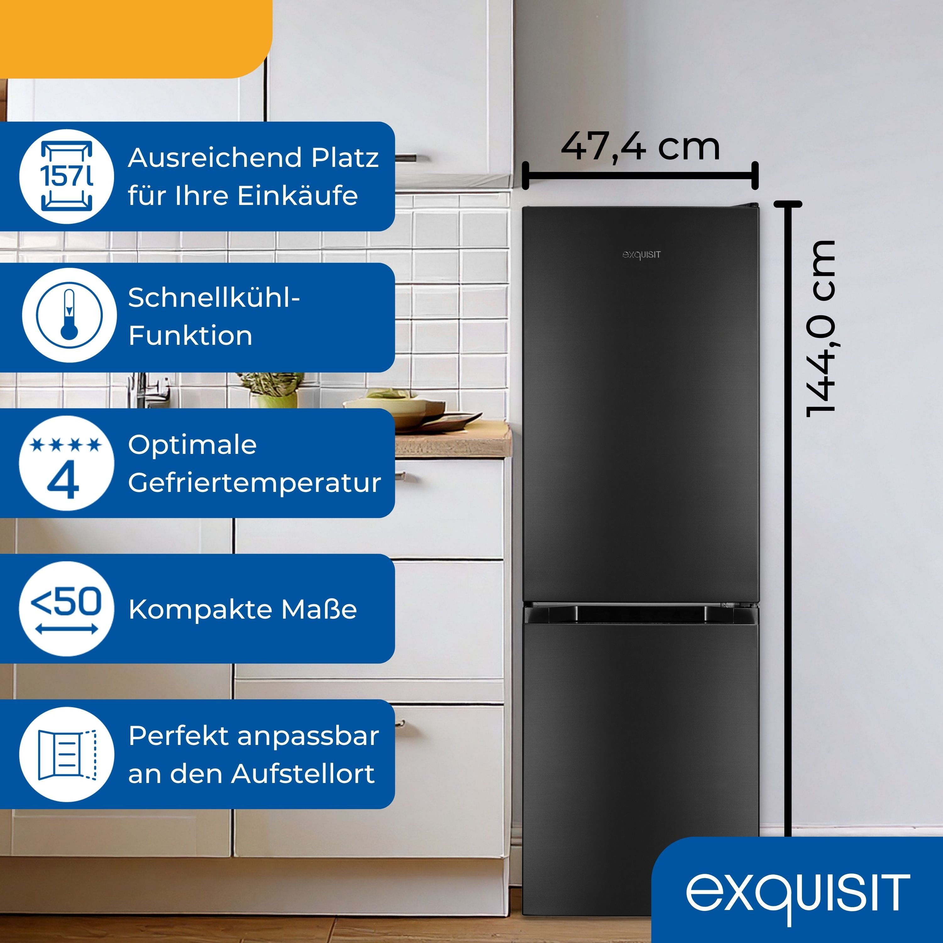 exquisit Kühl-/Gefrierkombination KGC5231-60-E-050C, 144 cm hoch, 47.4 cm breit, 4*-Gefrieren, Schnellkühlen, 157 Liter Nutzinhalt, 3 Ablagen