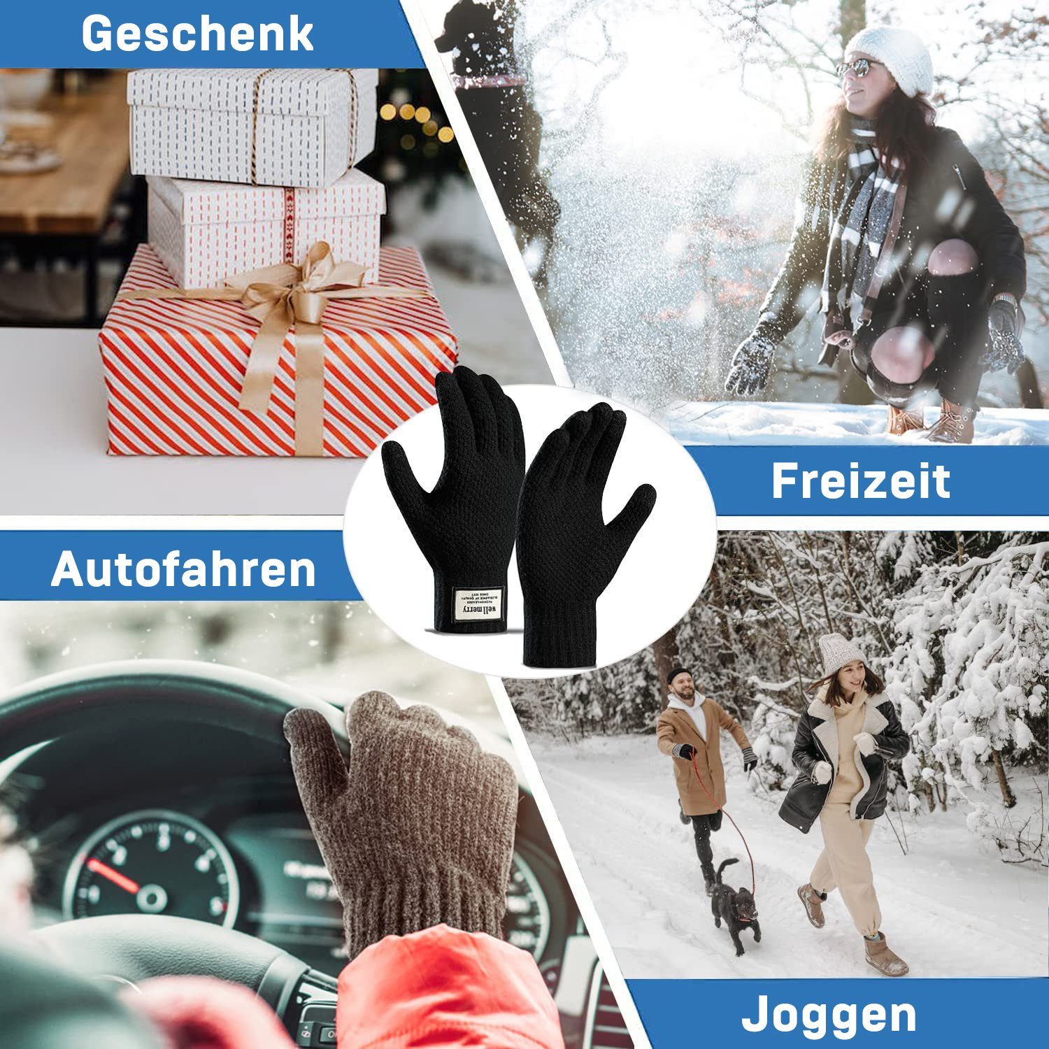 Alster Herz Alster Herz Winter Touchscreen Strickhandschuhe mit Handschuhe A0351 Futter, Schwarz