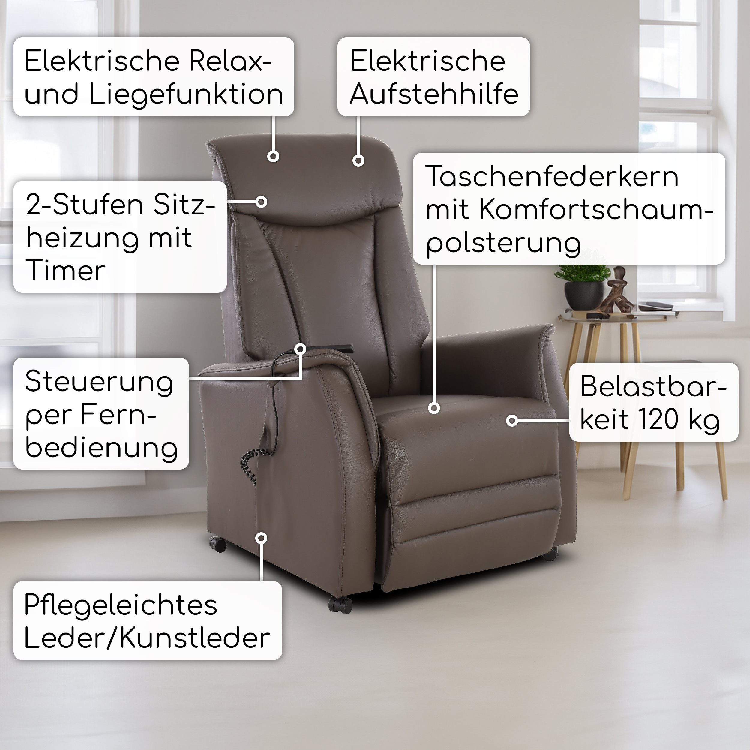 Raburg TV-Sessel Fernsehsessel mit Aufstehhilfe, Relaxsessel/Liegefunktion, Emma Eos, elektrisch mit Fernbedienung, 1 Motoren, bis 120 kg