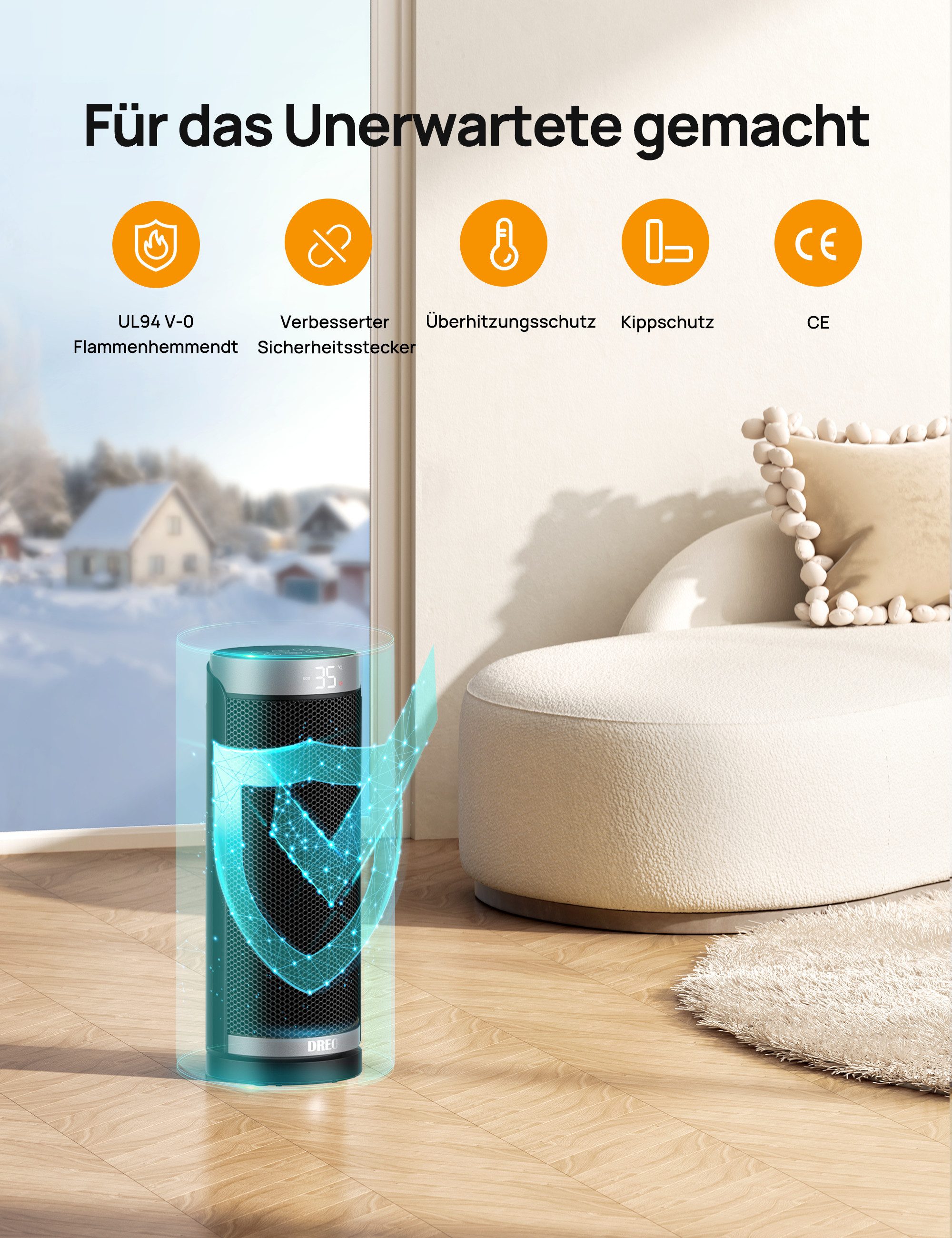 Dreo Heizlüfter Keramik Heizlüfter Energiesparend, 1800W, 16 Zoll Heizgerät Leise, 3 Modus&ECO, 70° Oszillierend, 12-Std-Timer, Überhitzungs-Kippschutz