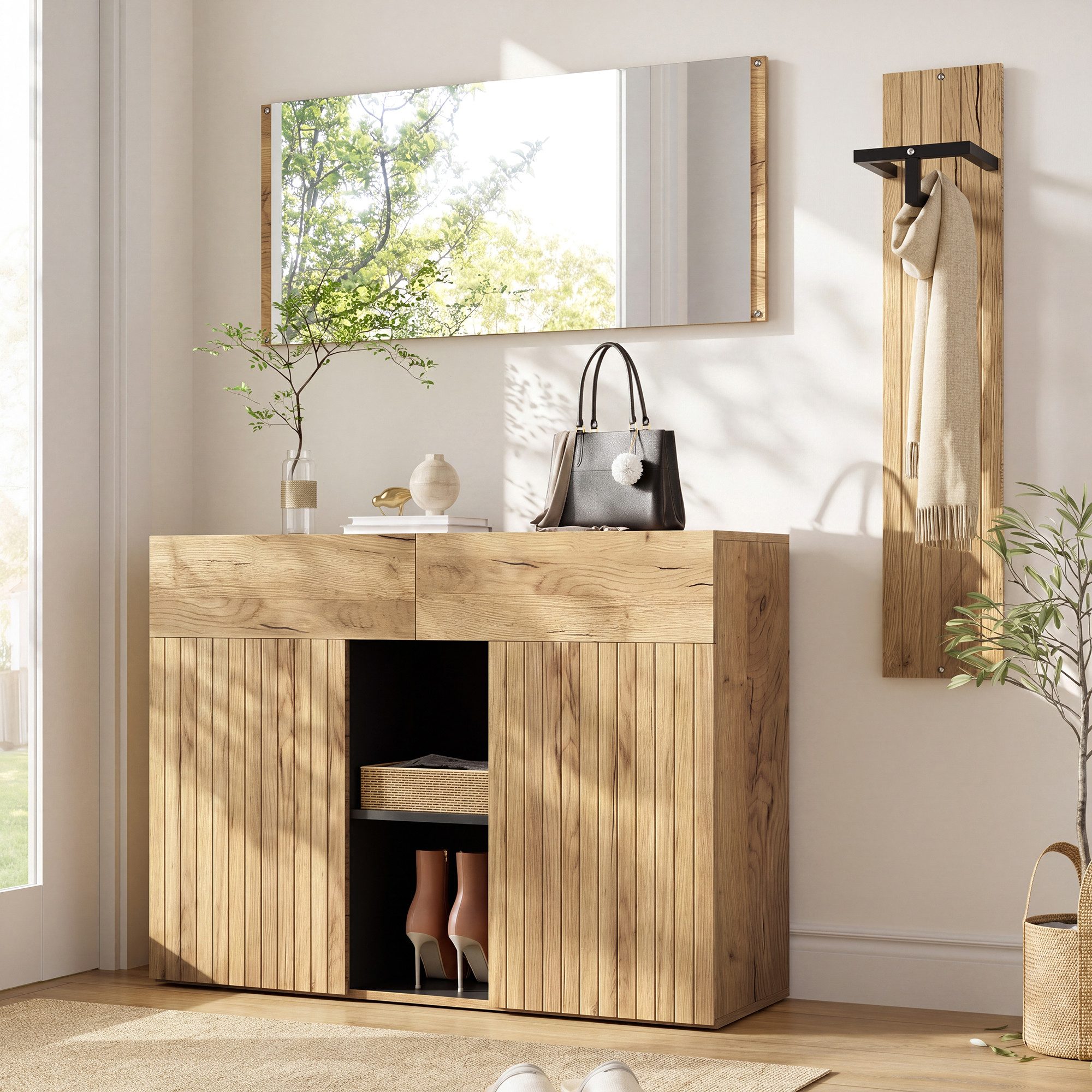 Flieks Garderoben-Set 3-teilig Kompaktgarderobe Flurmöbel-Set in Holzoptik Natur&Schwarz, (3-St), Spiegel Kleiderständer Schuhschrank mit verstellbarer Einlegeb – Bild 3 von 5
