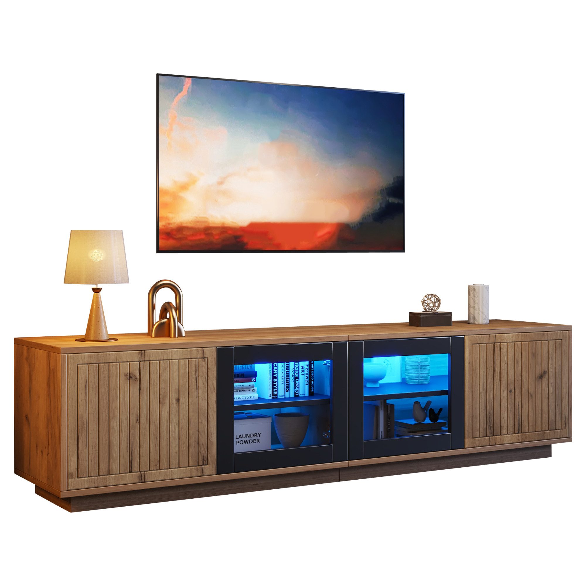 Merax Lowboard mit LED-Beleuchtung, Fernsehschrank in Naturholzfarbe (1 St), TV-Schrank mit Glastüren & 2 Seitenschränken, 180x40x45cm