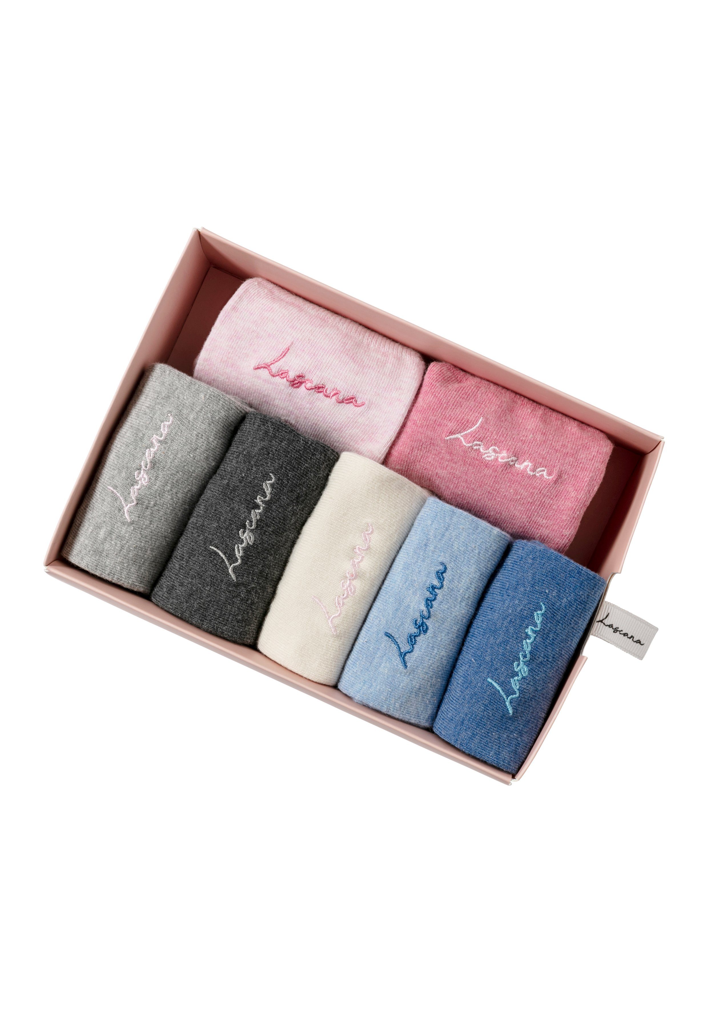 1x 7-Paar) altrosa-meliert, Logo Stickerei (Set, 1x 1x Basicsocken ecru rosa-meliert, anthrazit-meliert, hellblau-meliert, mit 1x 1x jeans-meliert, hochwertiger 1x grau-meliert, 1x LASCANA