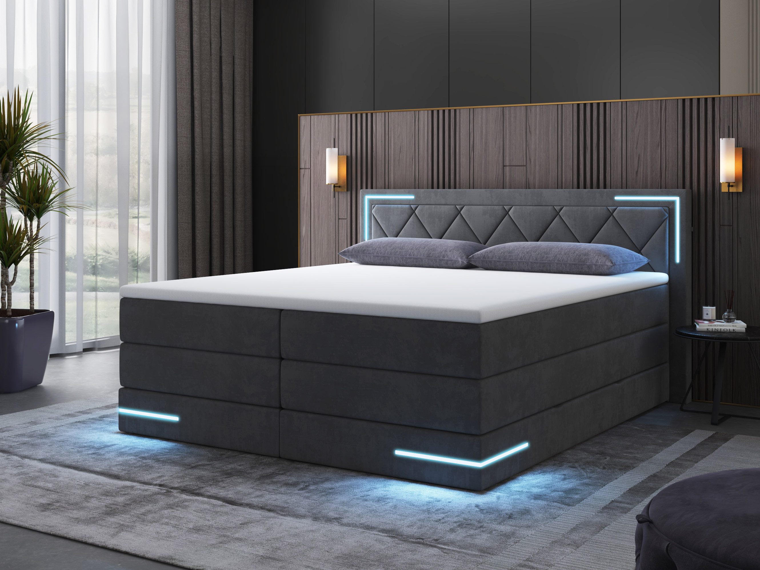 wonello Boxspringbett Arizona, mit LED Beleuchtung und Topper, wahlweise mit Bettkasten