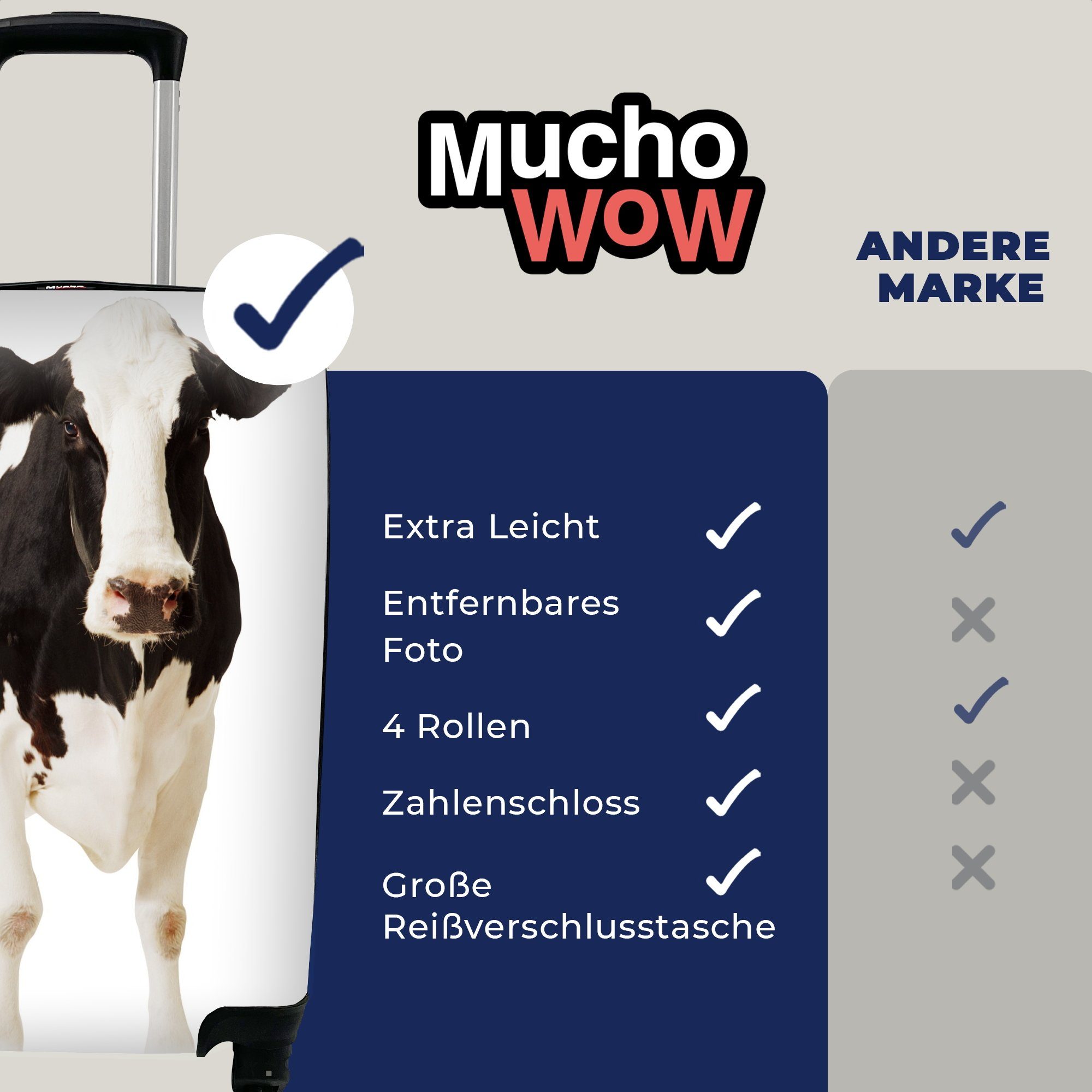 MuchoWow Handgepäckkoffer Kuh Handgepäck mit für Weiß Reisekoffer rollen, Trolley, Tiere, Reisetasche Rollen, Schwarz - - 4 - Ferien