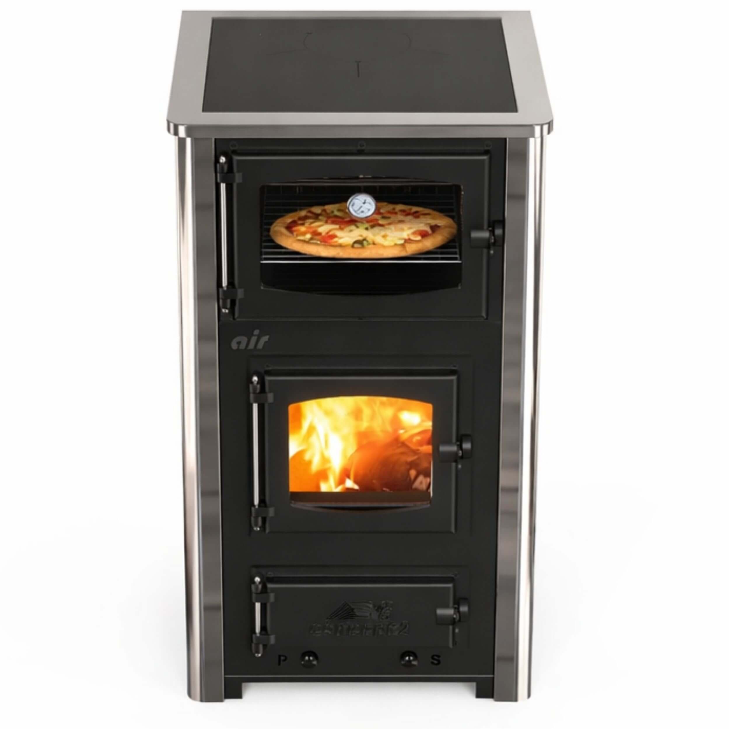 ABC Proizvod Kaminofen Dauerbrand mit Backfach, Dauerbrand, Mehrfachbelegung, (Erfüllt die BImSchV- Stufe 2), Wohnzimmer Modern Backofen zum Kochen