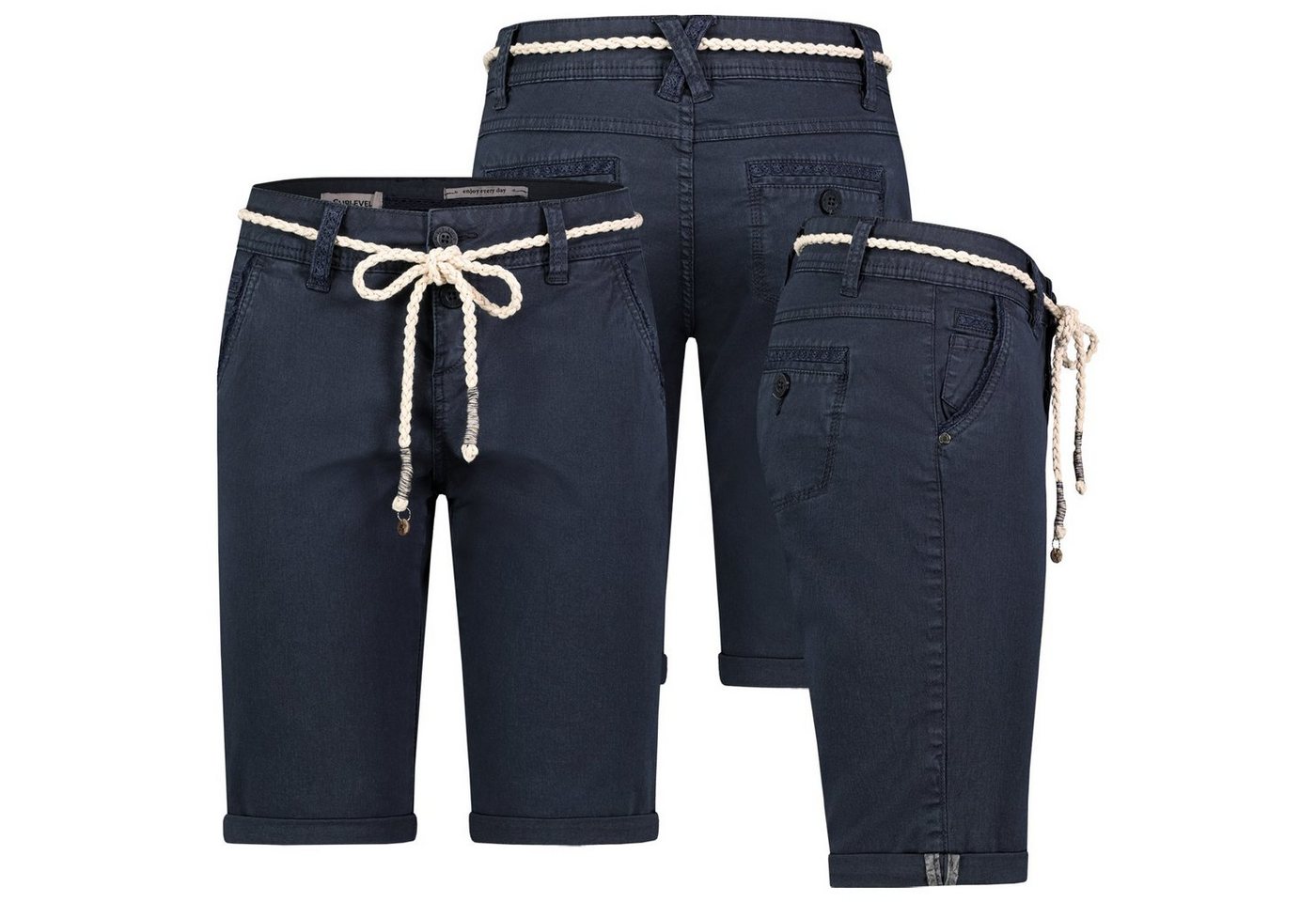 SUBLEVEL Bermudas Damen Short Bermuda kurze Hose Sommer Chino Stoff knielang mit Gürtel