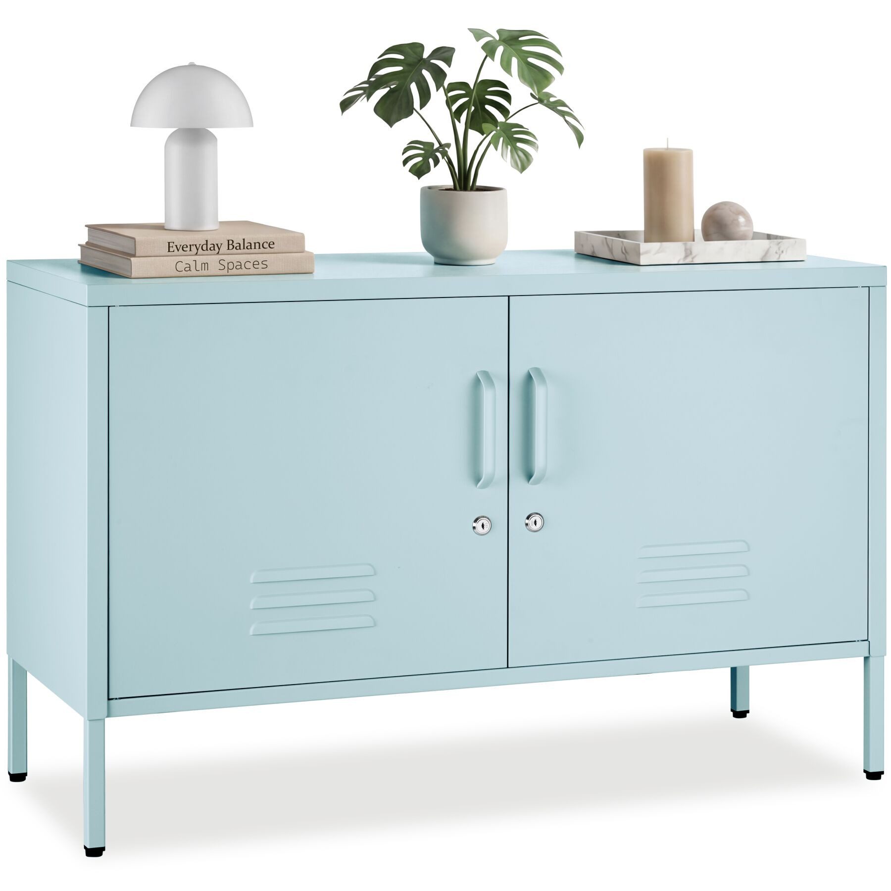 tectake Lowboard Abschließbares Sideboard mit Magnetverschluss und Kabelführung (Sideboard Mit Schloss Baker, in Grau/blau), Verstellbarer Zwischenboden, Kippschutz und höhenverstellbare Füße