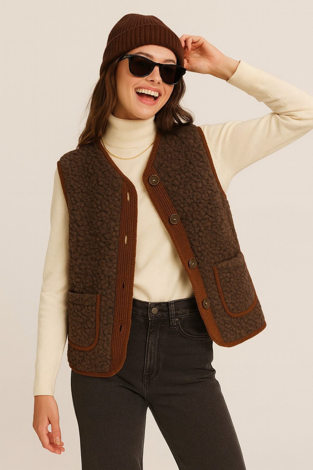 May Gem Kurzweste Kuschelweiche Damen Bouclé Weste mit Samt Cord Details 38-42 Einheitsgröße - 38-40 (lässig) & 40-42 (klassisch)