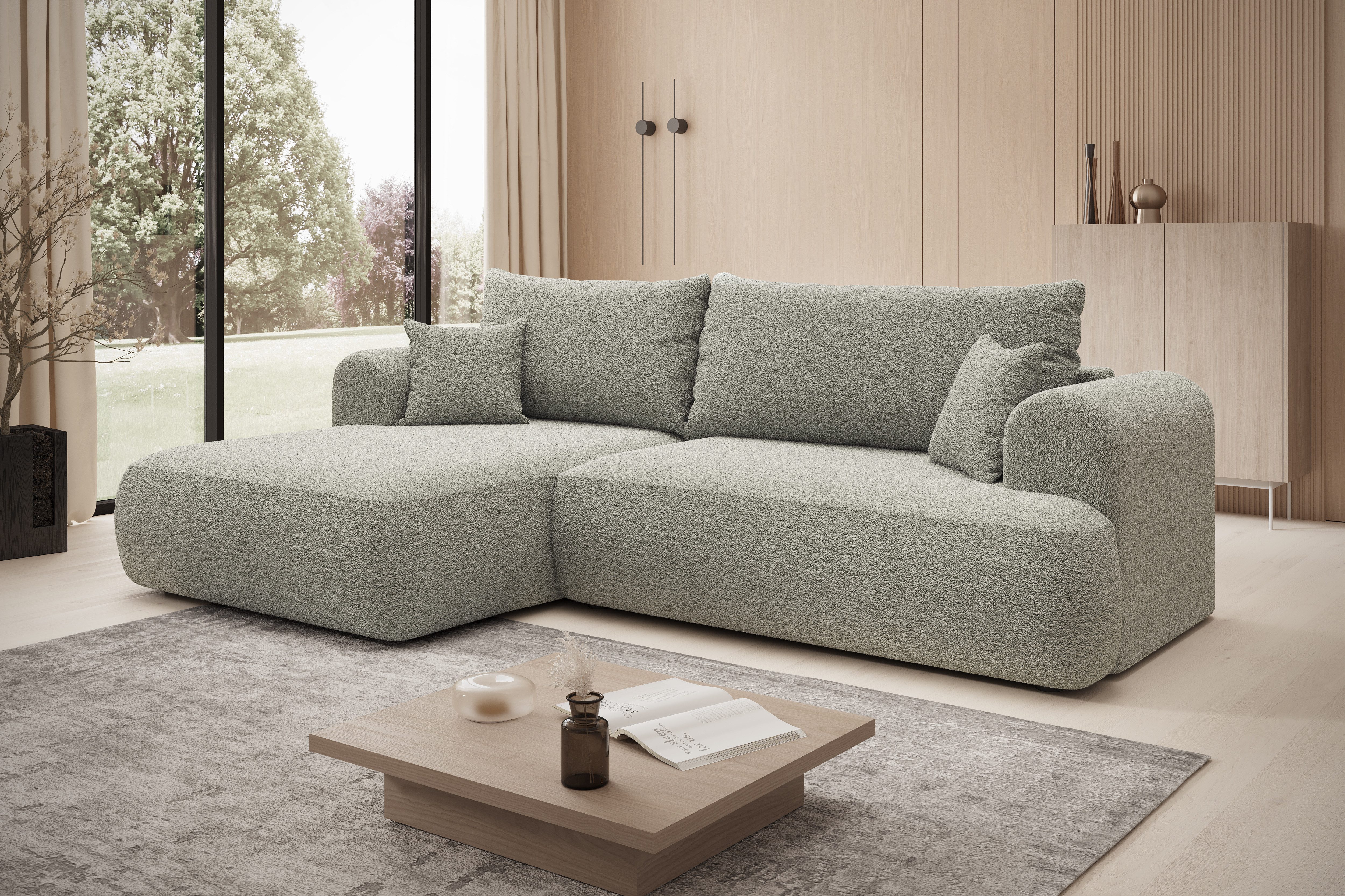 thematys Ecksofa mit Schlaffunktion und Bettkasten, L-Form, Cord und Bouclé + 2 Kissen, 260 x 165cm - Luxus Couch mit Bettfunktion mit Bonnellfedern
