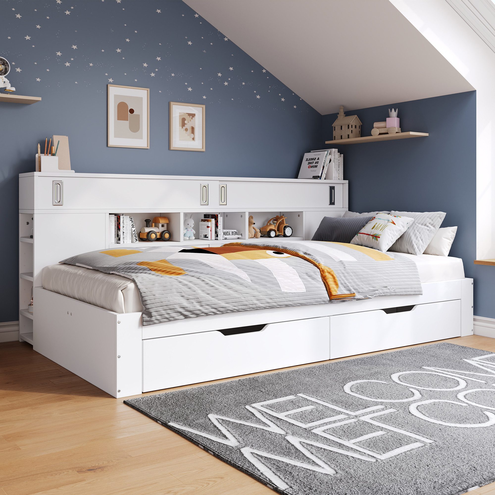 STILVORA Hochbett mit bettfunktion,Kinderbett 140×200mit Stauraum,Holzbett ohne matratze (Daybett, Multifunktionales Kinderbett, mit Schubladen,Bücherregal und Stauschrank) 90*200cm, ohne Matratze