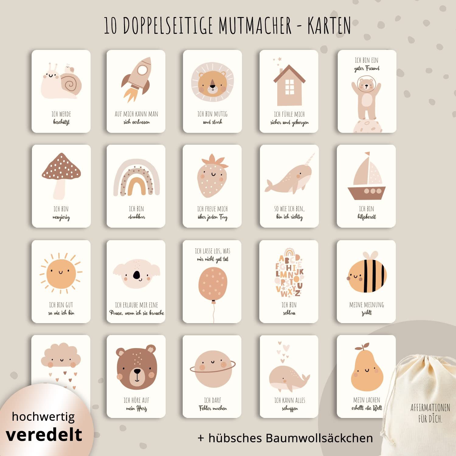 MeinBaby123® Geburtskarte 20 Affirmationen für Kinder A6, Karten für selbstbewusste Kinder, Mutmach-Karten mit partieller Veredelung + Baumwollsäckchen