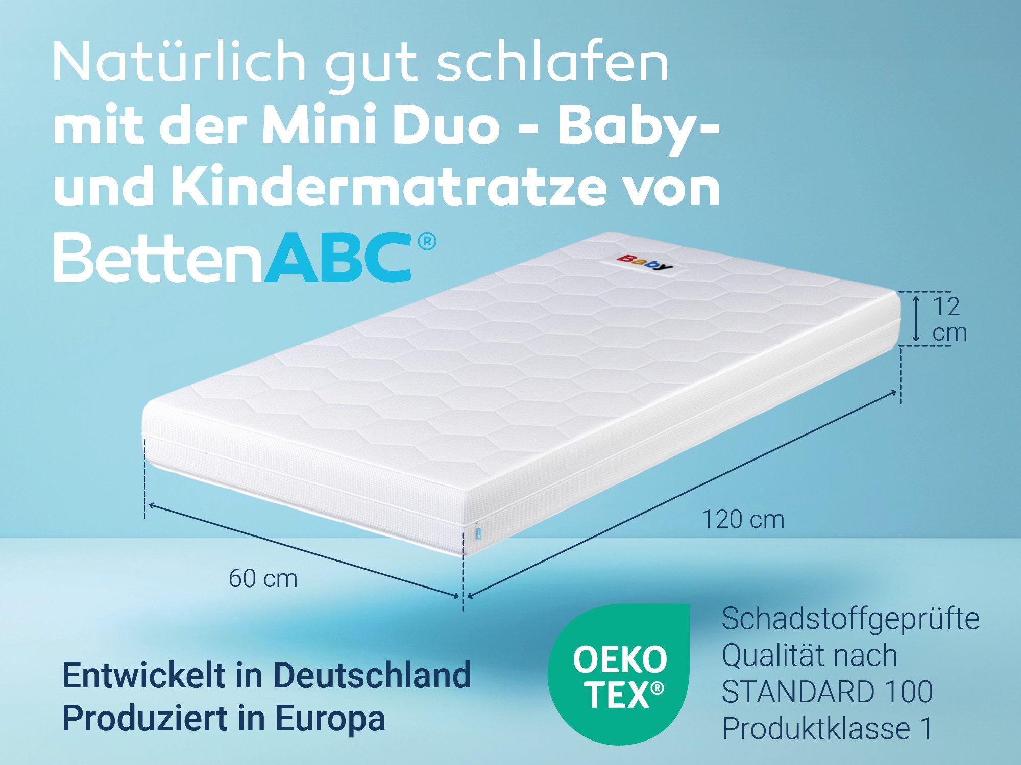 Kindermatratze Betten-ABC Mini-Duo – mit Baby- und Kleinkindseite, Betten-ABC, 12 cm hoch, Babyseite: bis ca. 1 1/2 - 2 Jahren, Juniorseite: ab ca. 2 Jahren