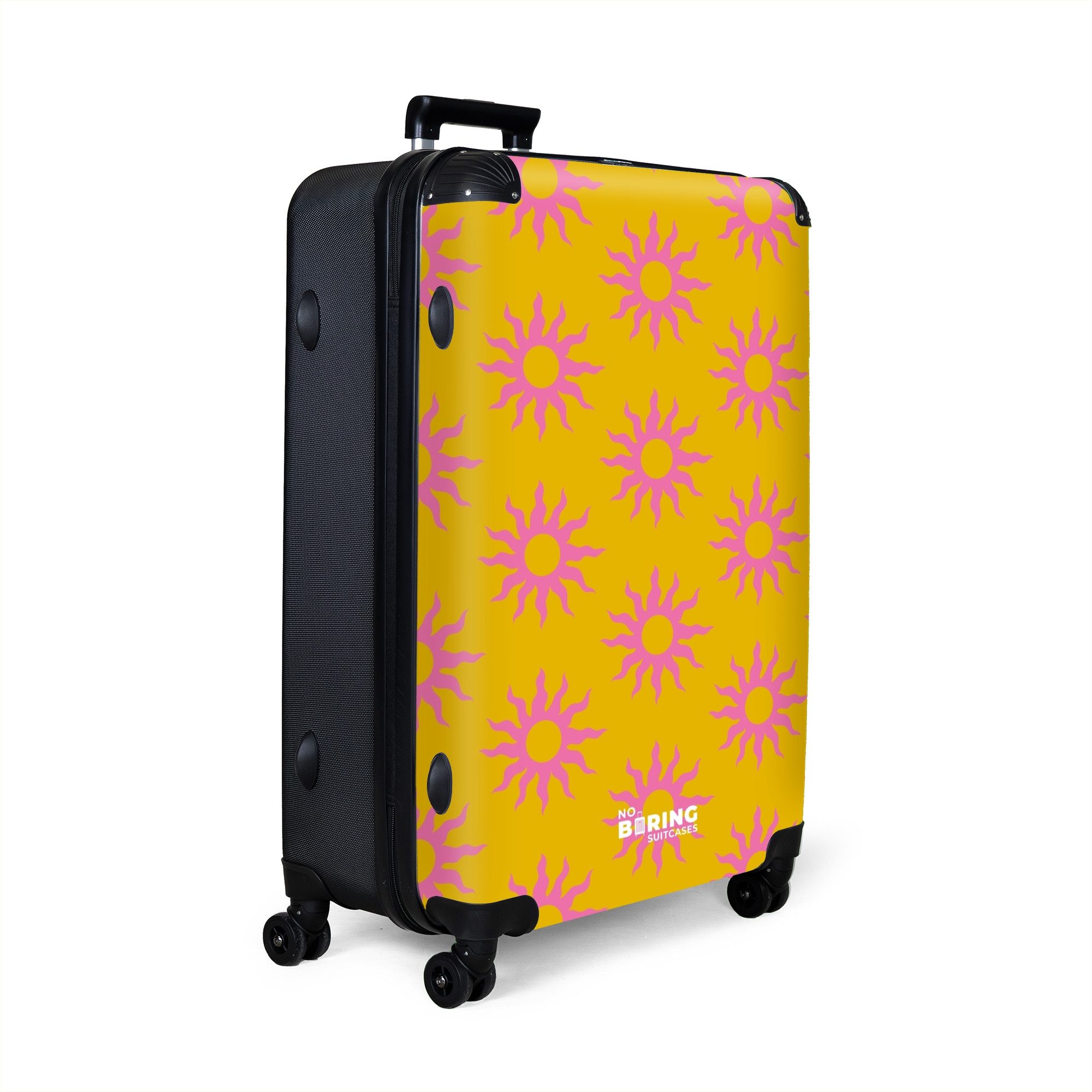 NoBoringSuitcases.com© Hartschalen-Trolley Gelb mit rosa Sonnen günstig online kaufen